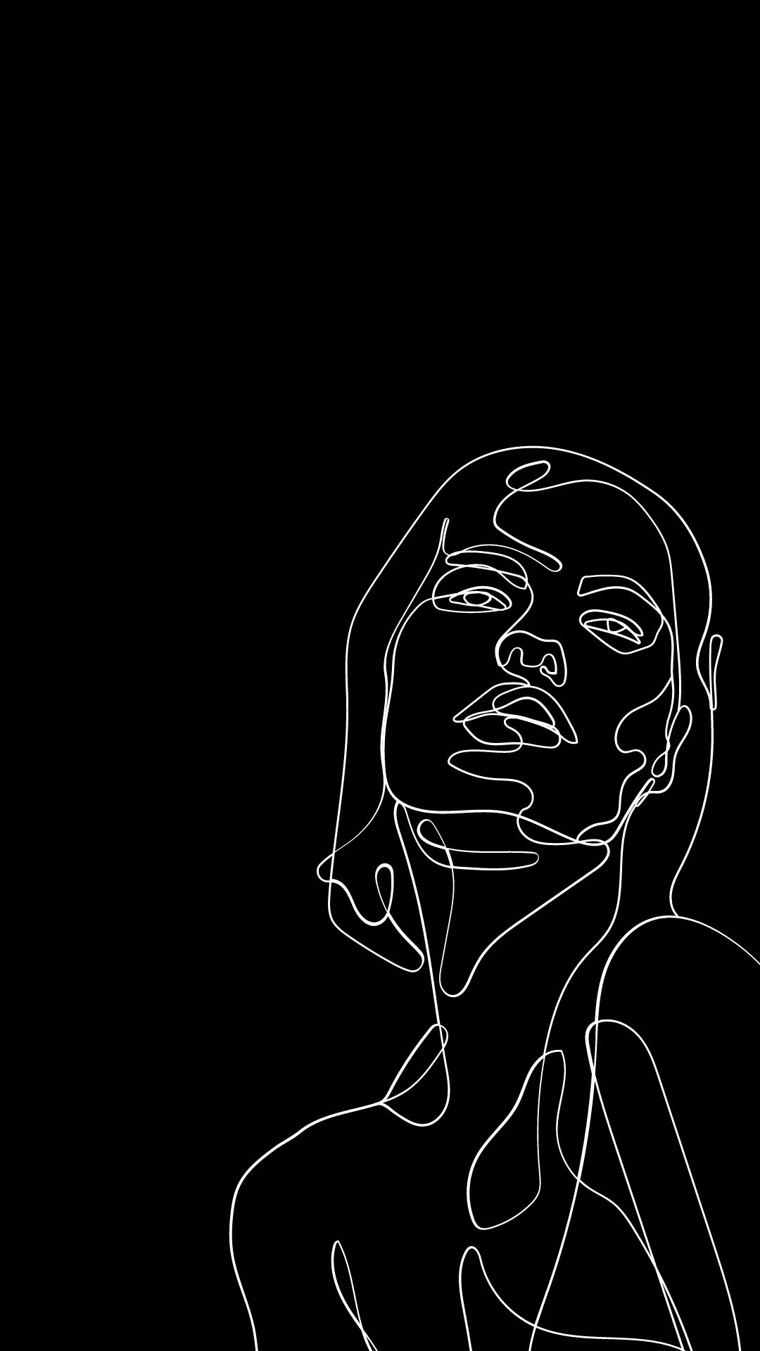 Aesthetic Drawings 桌布 壁紙 — 在純黑色背景上，以白色線條繪製的女性臉部和肩膀的極簡線條畫。