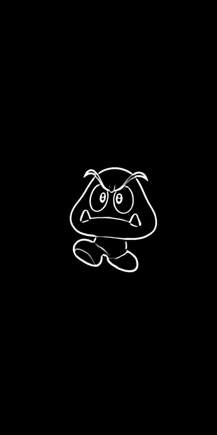 Goomba 桌布 壁紙 — 在純黑色背景上，以白色線條繪製的極簡卡通憤怒蘑菇角色。