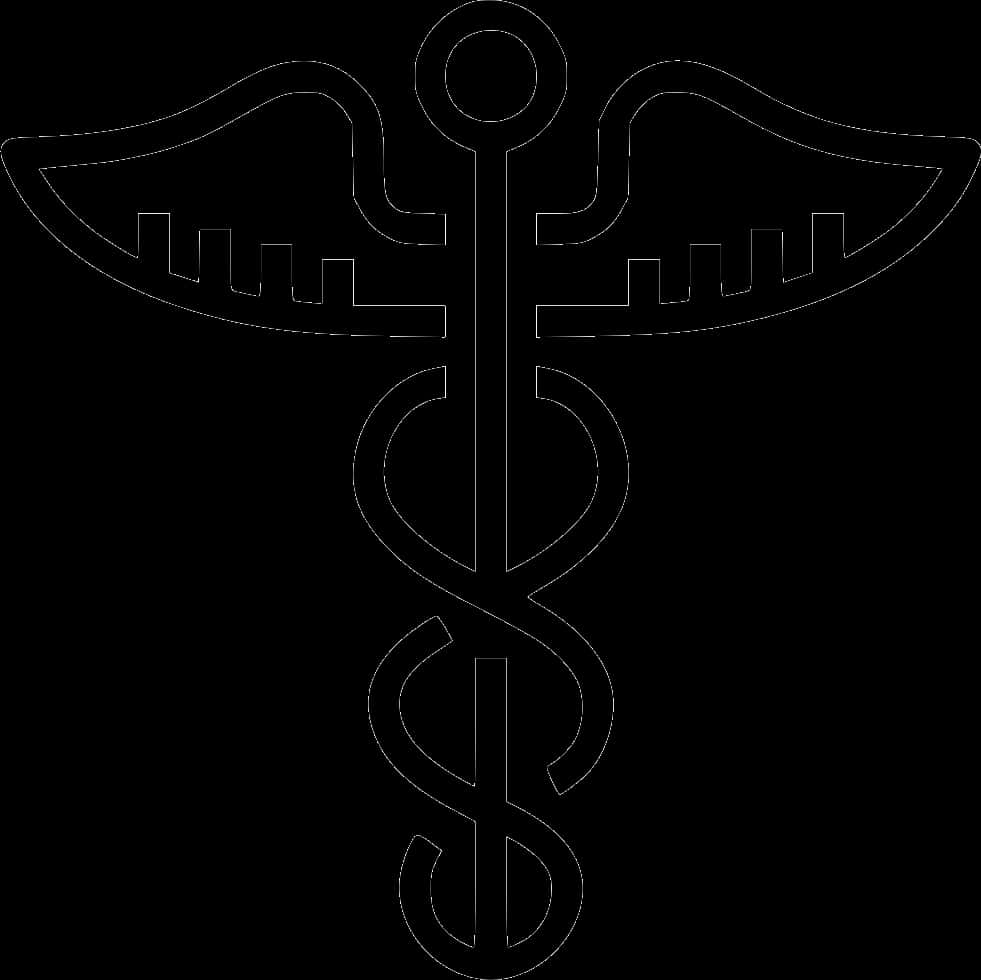 medicine 桌布 壁紙 — 在純黑色背景上，以白色線條繪製的簡約風醫療符號「雙蛇杖」。
