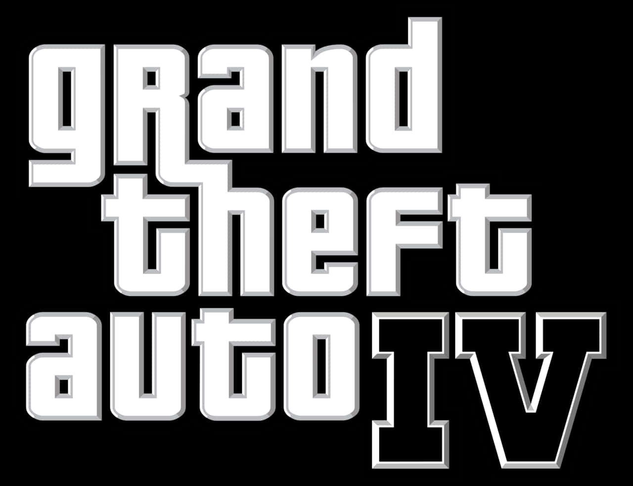 Gta 桌布 壁紙 — 在純黑色背景上，以粗體白色3D風格文字拼寫Grand Theft Auto IV。