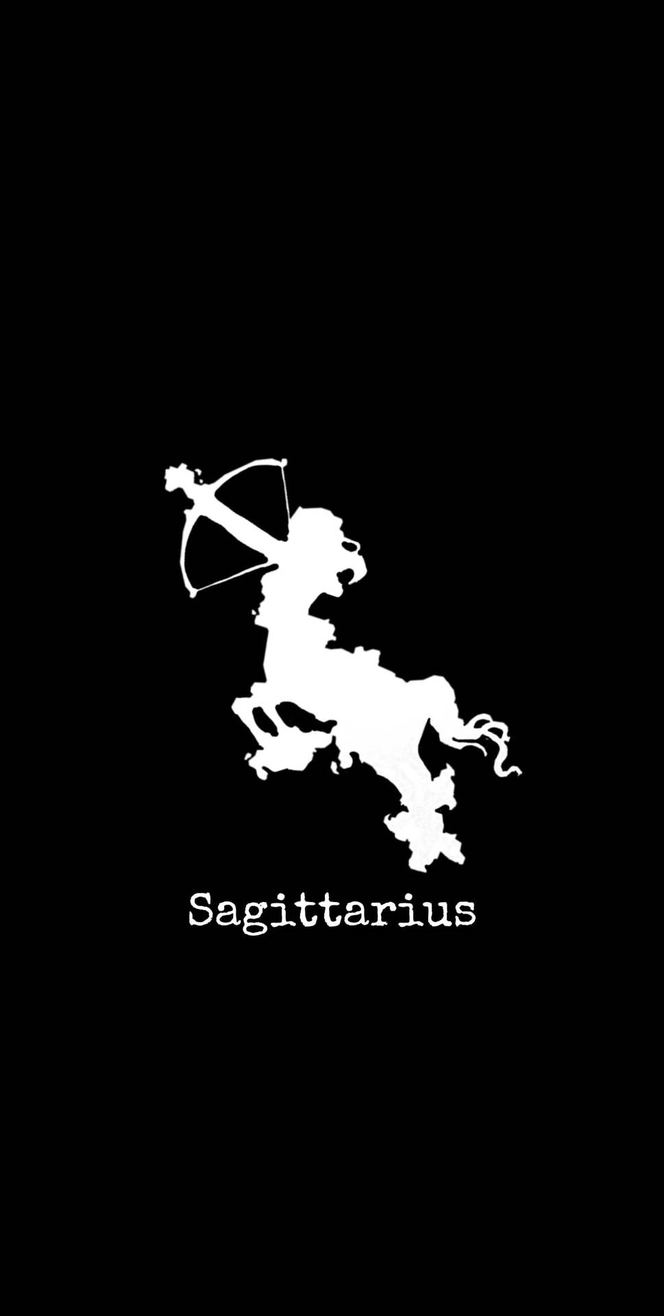 sagittarius 桌布 壁紙 — 在純黑色背景上，射手座星座符號的鮮明白色剪影，下方附有名稱。