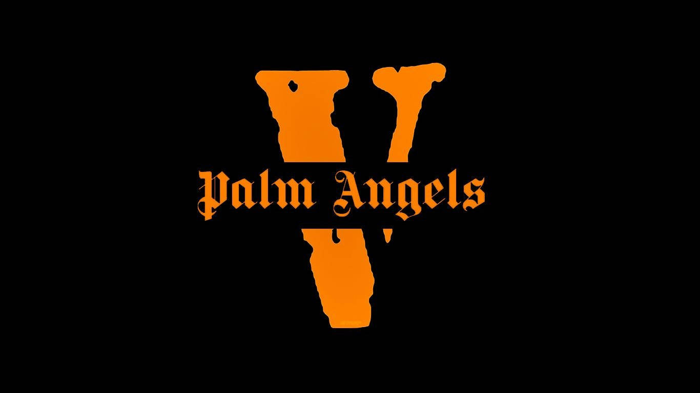 Vlone 桌布 壁紙 — 在純黑色背景上，帶有風格化 V 形的醒目橙色 Palm Angels 標誌。