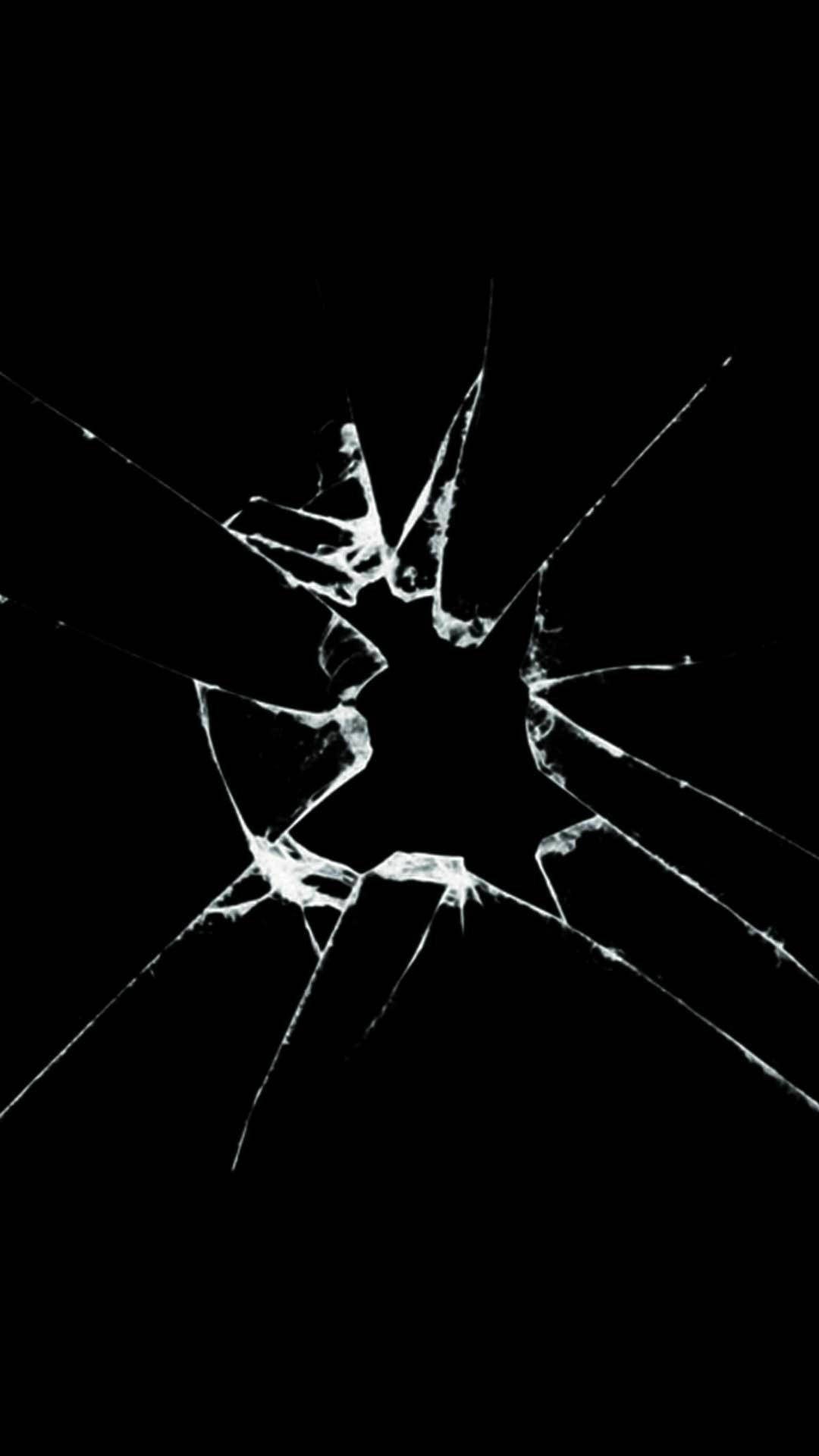 Screen 桌布 壁紙 — 在純黑色背景上，從中心撞擊點輻射出鮮明的白色裂紋玻璃圖案。