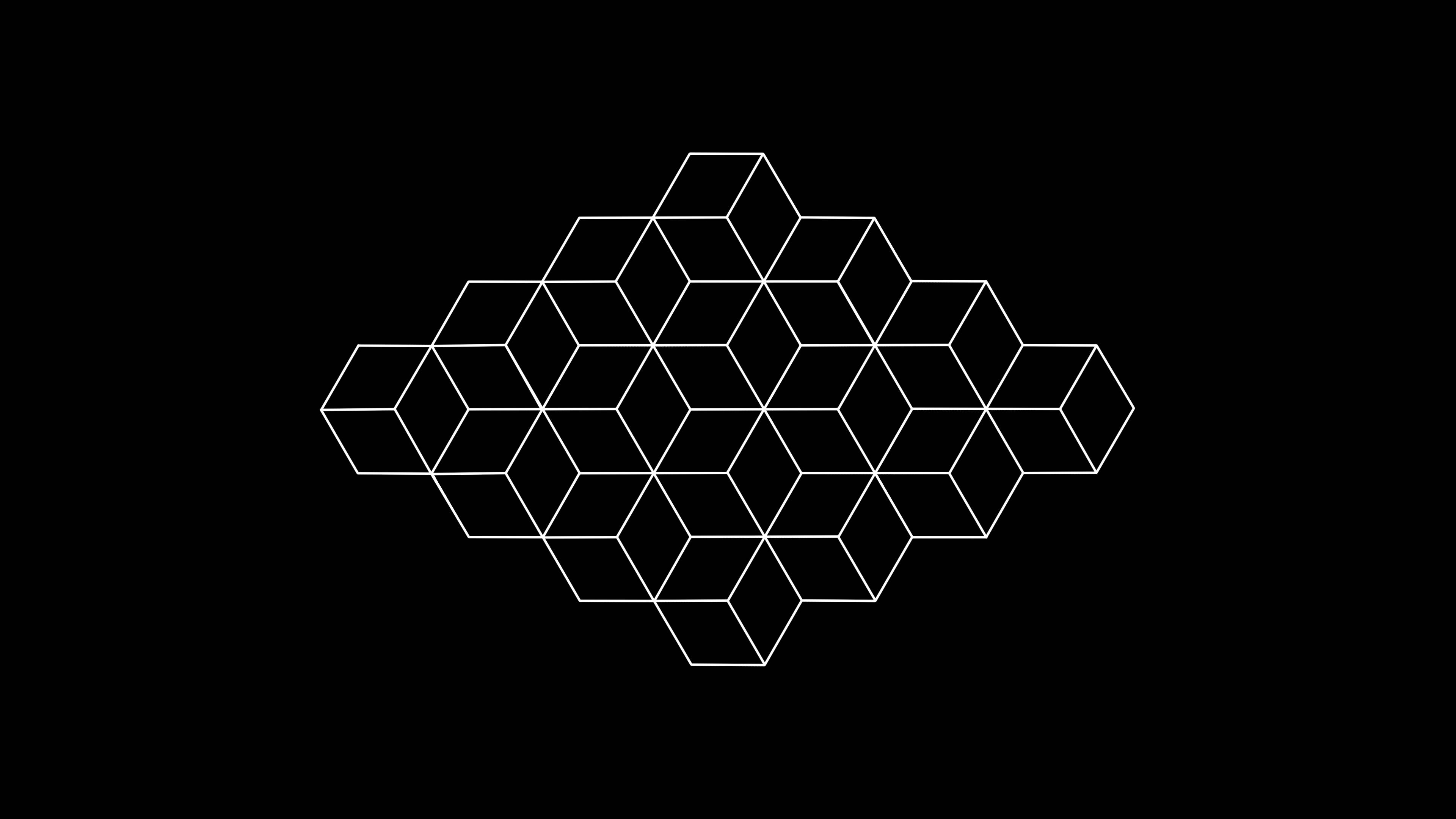 Illusion 桌布 壁紙 — 在純黑色背景上，由相互連接的六邊形組成的極簡白色幾何圖案形成雲狀形狀。
