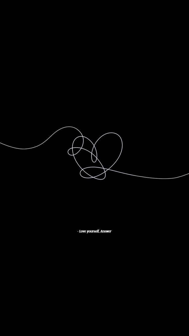 BTS 黑色 桌布 壁紙 — 在純黑色背景上，由連續流暢線條形成的極簡白色線條心形，下方附有文字。