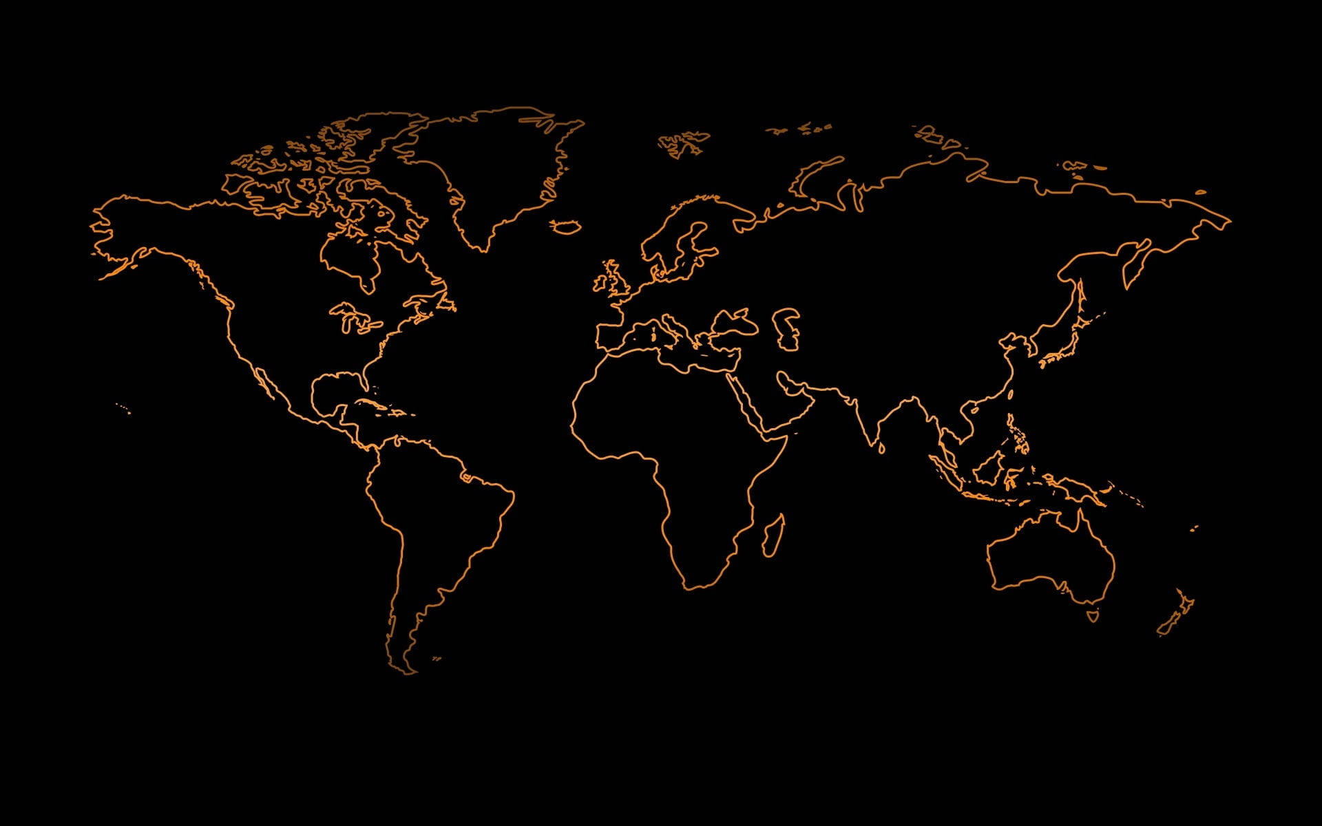 Map 桌布 壁紙 — 在純黑色背景上，發光的橙色世界地圖輪廓。