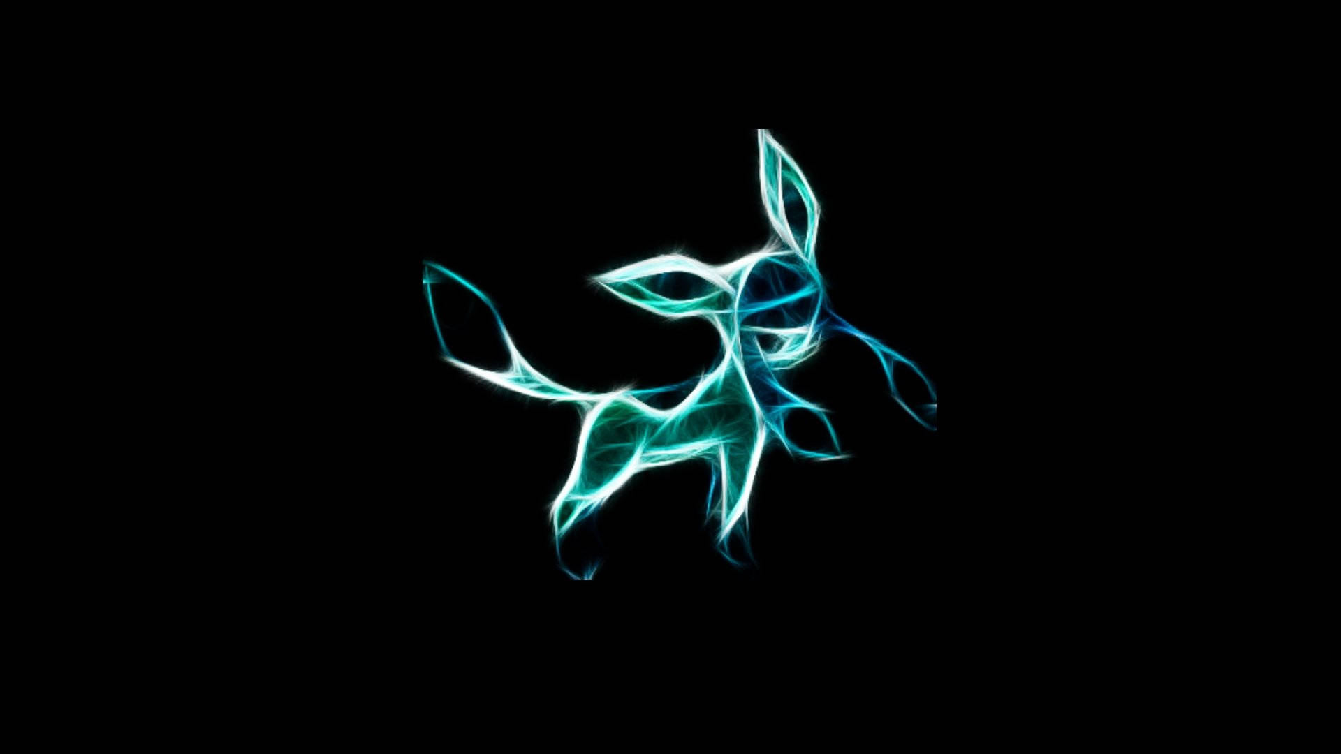 Glaceon 桌布 壁紙 — 在純黑色背景上，發光的青色霓虹鹿剪影帶有電線。