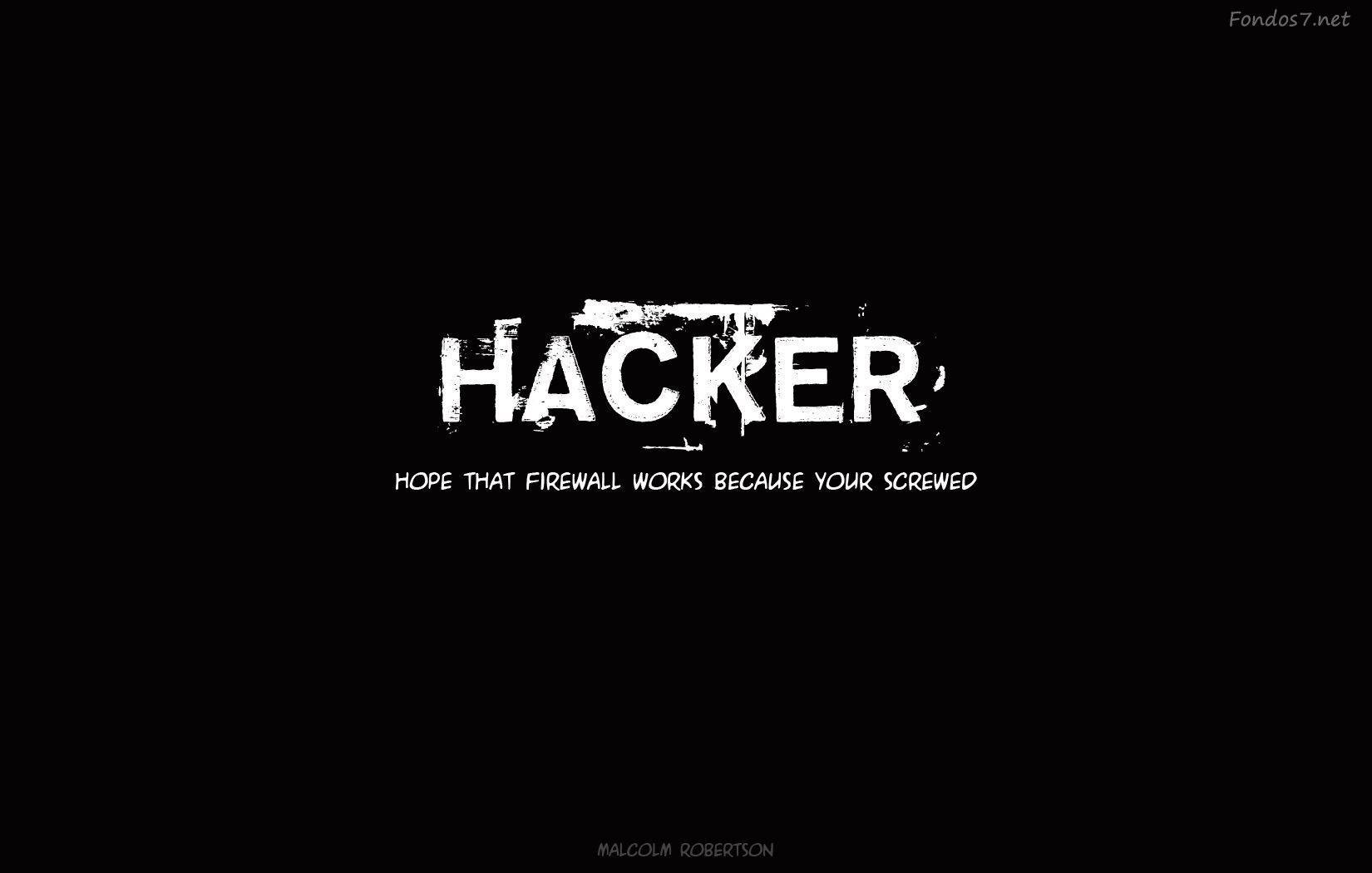 黑客 桌布 壁紙 — 在純黑色背景上，粗體白色塗鴉風格文字寫著「HACKER」，下方有一個標籤。