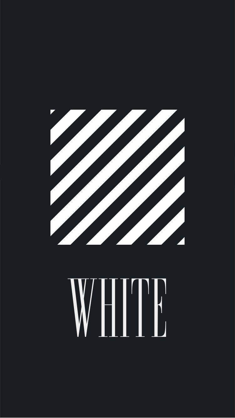 off white 桌布 壁紙 — 在純黑色背景上，粗體白色對角線條紋和襯線字體的「white」一詞。