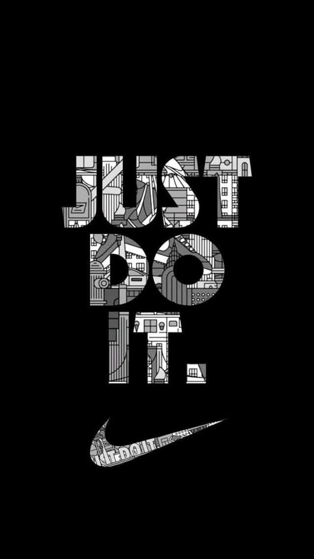 Nike 標語「Just Do It」以粗體文字呈現，在黑色背景上充滿了城市塗鴉圖案。 — Nike GIF 壁紙