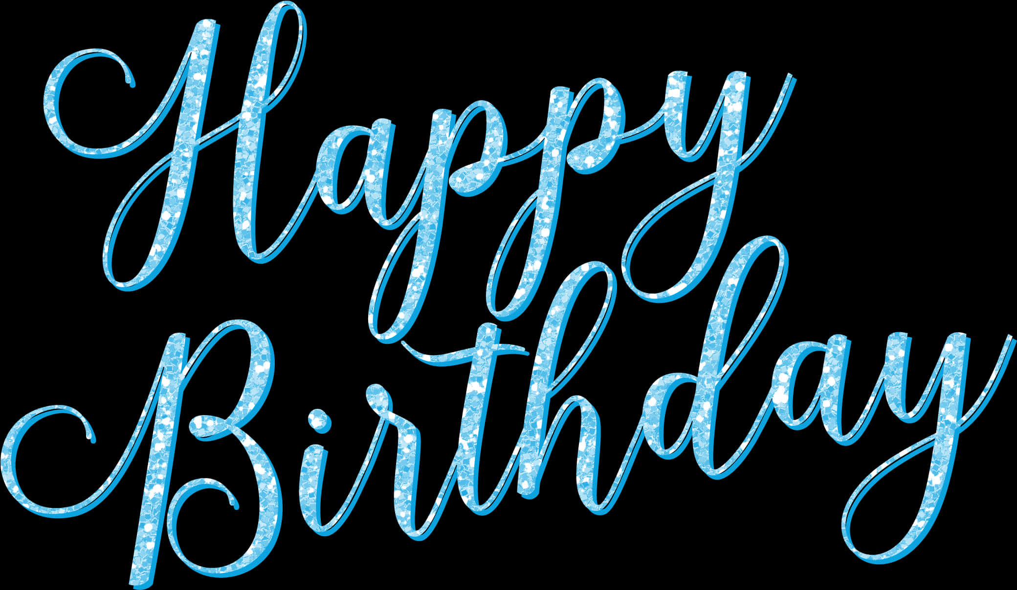 Happy Birthday Frames 桌布 壁紙 — 在純黑色背景上，閃閃發光的藍色草書文字寫著「Happy Birthday」。