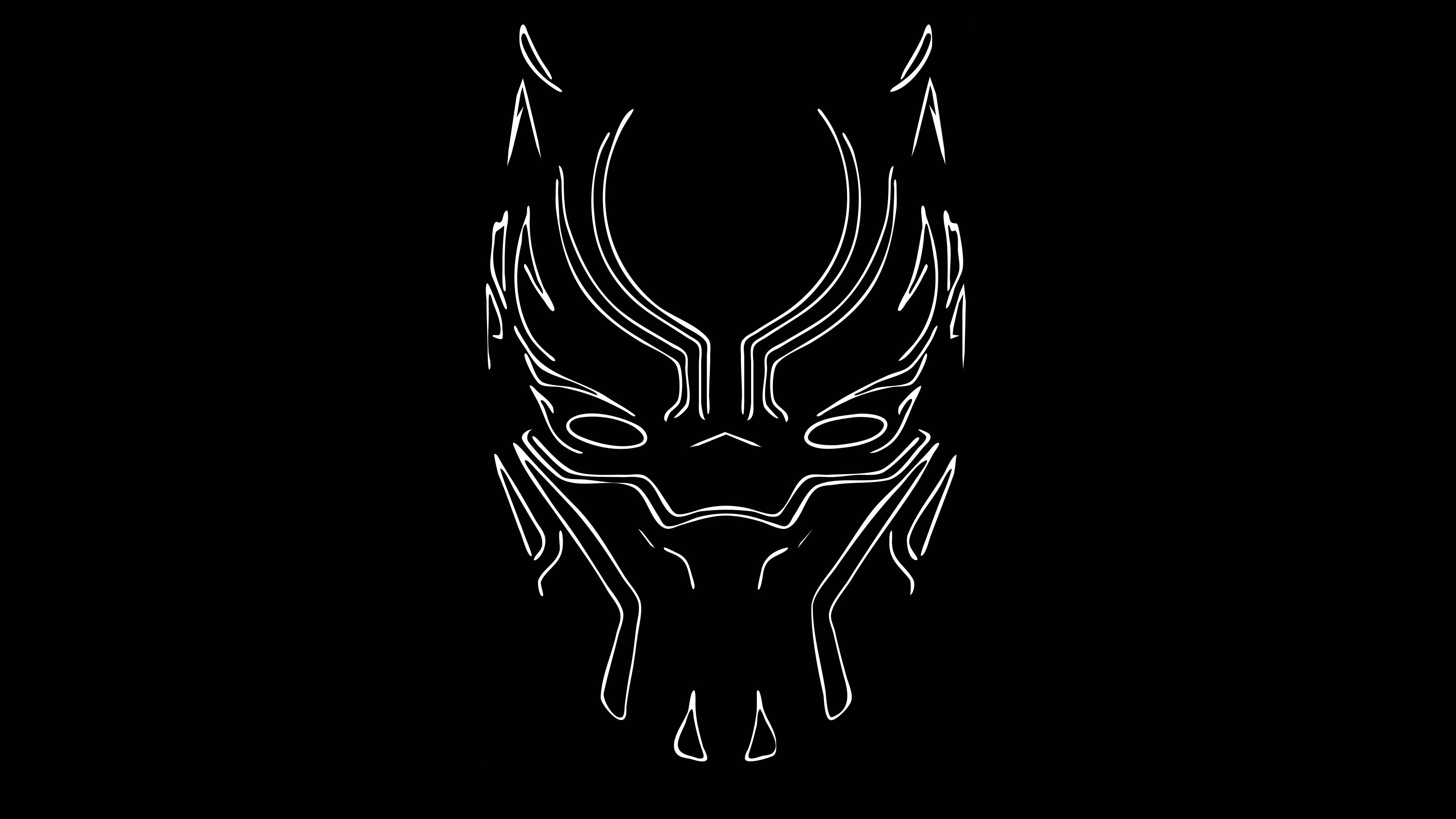 panther 桌布 壁紙 — 在純黑色背景上，黑豹面具的白色線條藝術輪廓。