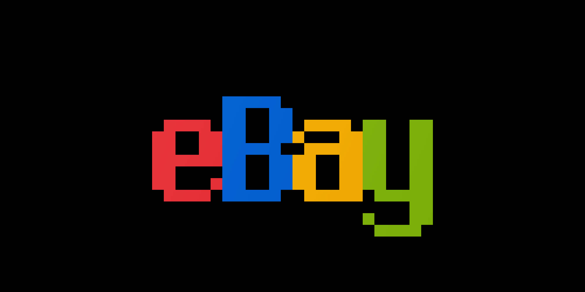 eBay 桌布 壁紙 — 在純黑色背景上以彩色像素化塊狀字母呈現的eBay標誌。