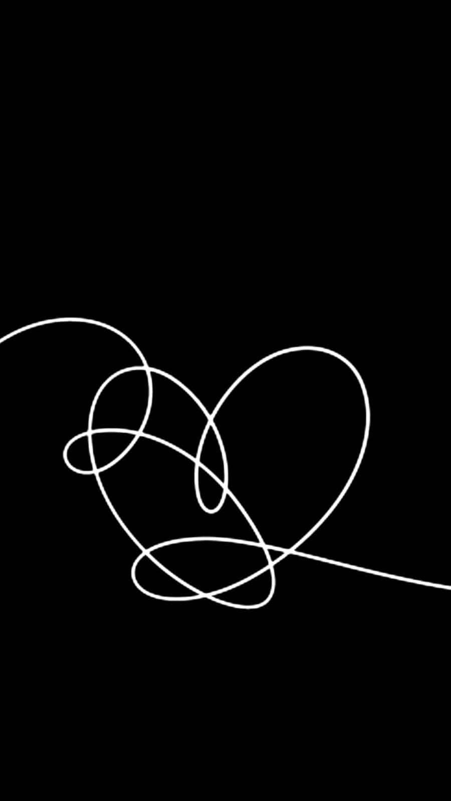 Bts Love Yourself 桌布 壁紙 — 在純黑色背景上以重疊環圈繪製的極簡白色線條藝術心形。