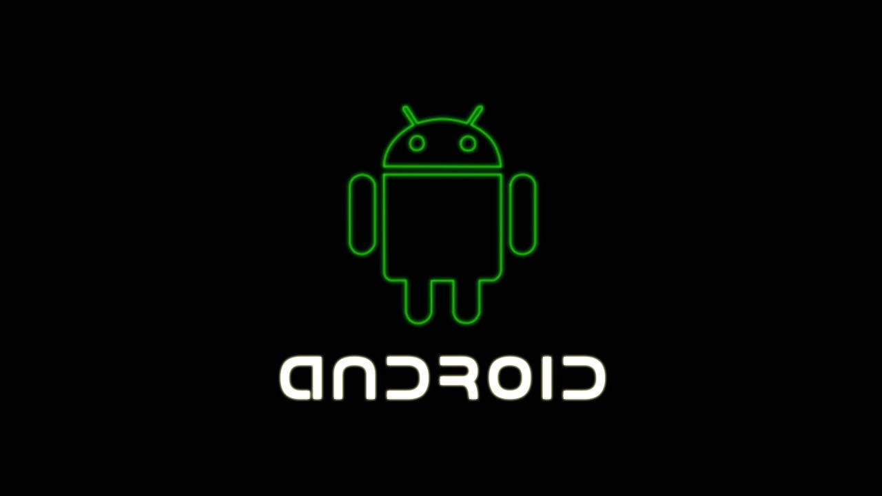 安卓 桌布 壁紙 — 在純黑色背景上以霓虹燈勾勒出的發光綠色Android機器人標誌，下方有android字樣。