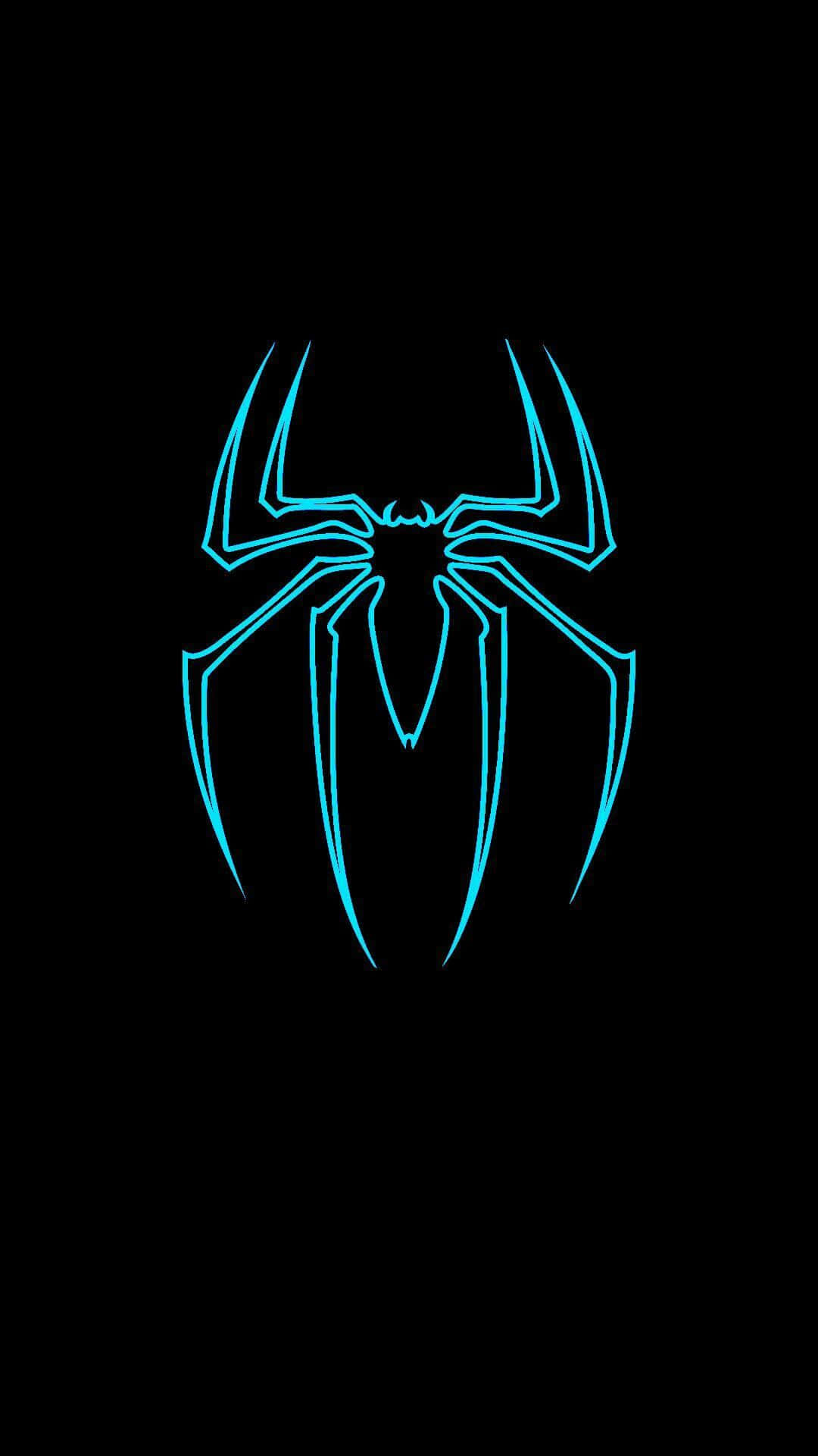 Spider Man Logo 桌布 壁紙 — 在純黑色背景上勾勒出的發光青色蜘蛛標誌。