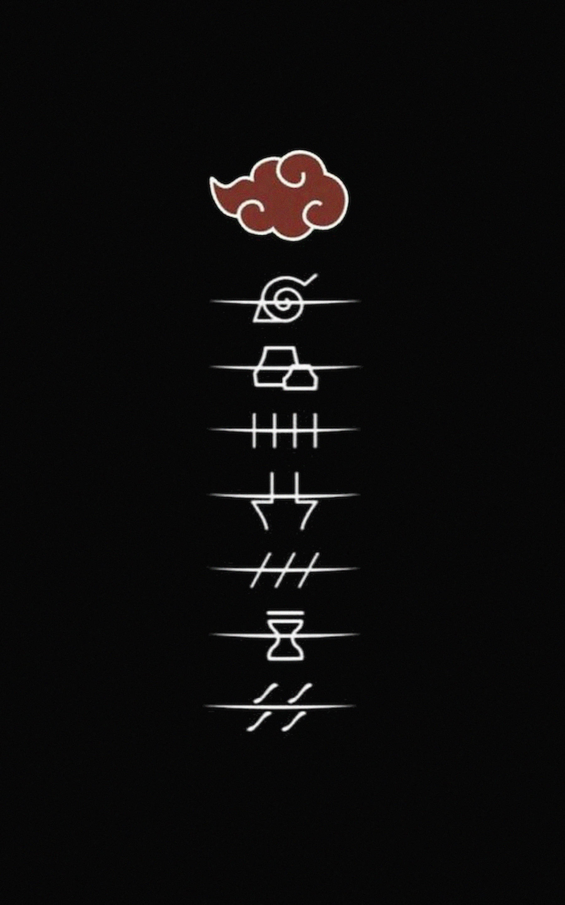 akatsuki phone 桌布 壁紙 — 在純黑色背景上垂直排列的白色風格化符號和紅色雲朵標誌。
