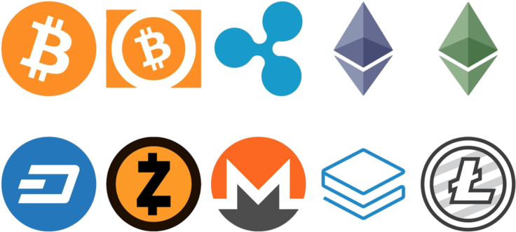 Cryptocurrency 桌布 壁紙 — 在純黑色背景上展示的十個不同加密貨幣標誌的集合。