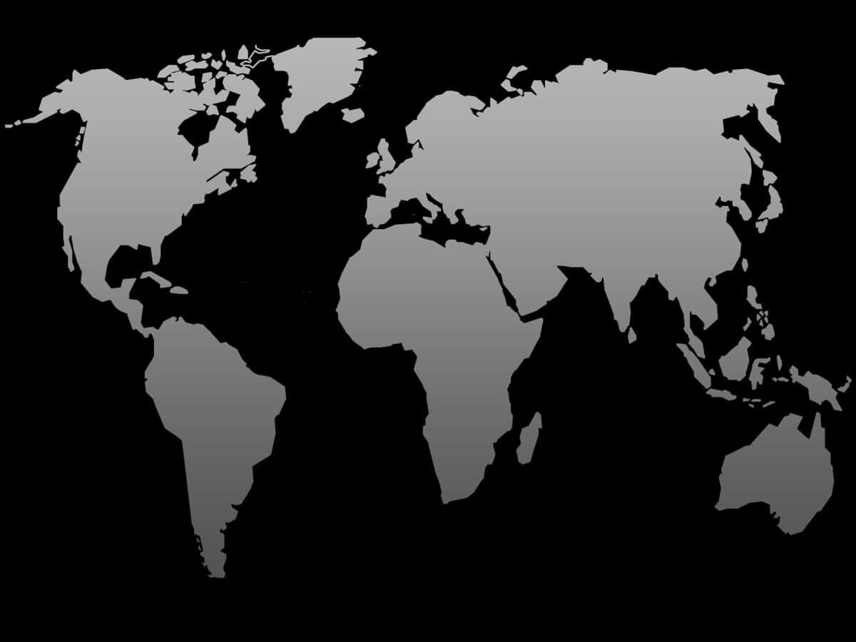 Map 桌布 壁紙 — 在純黑色背景上帶有漸變陰影的極簡灰階世界地圖輪廓。