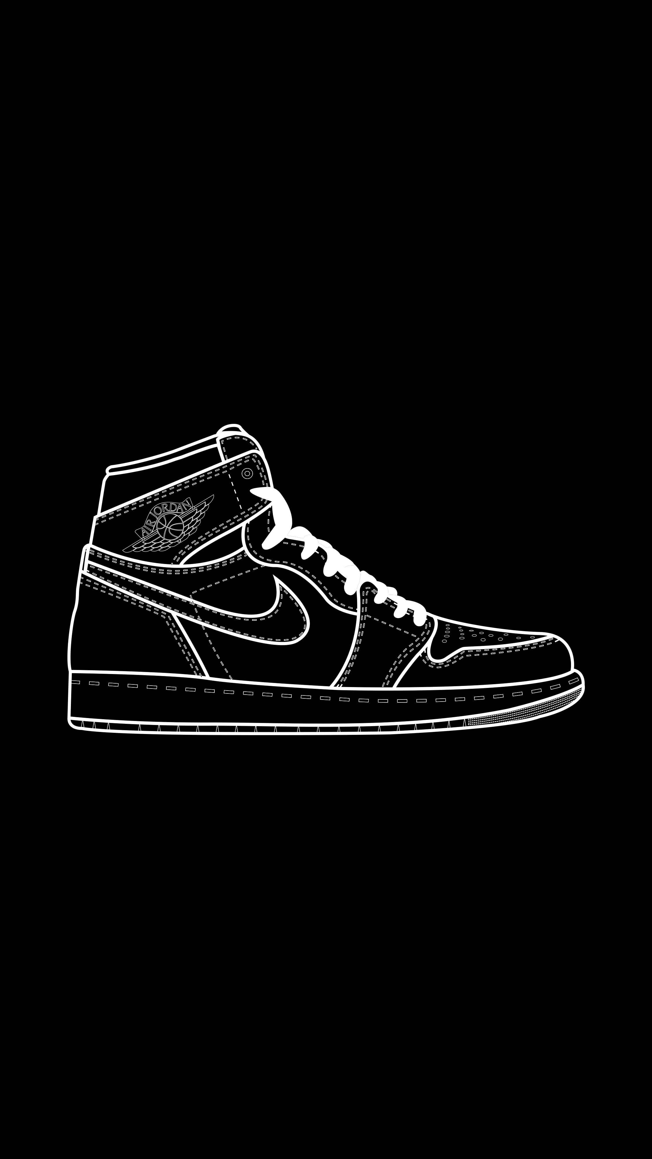 Nike 桌布 壁紙 — 在純黑色背景上的高筒運動鞋簡約白色線條畫。