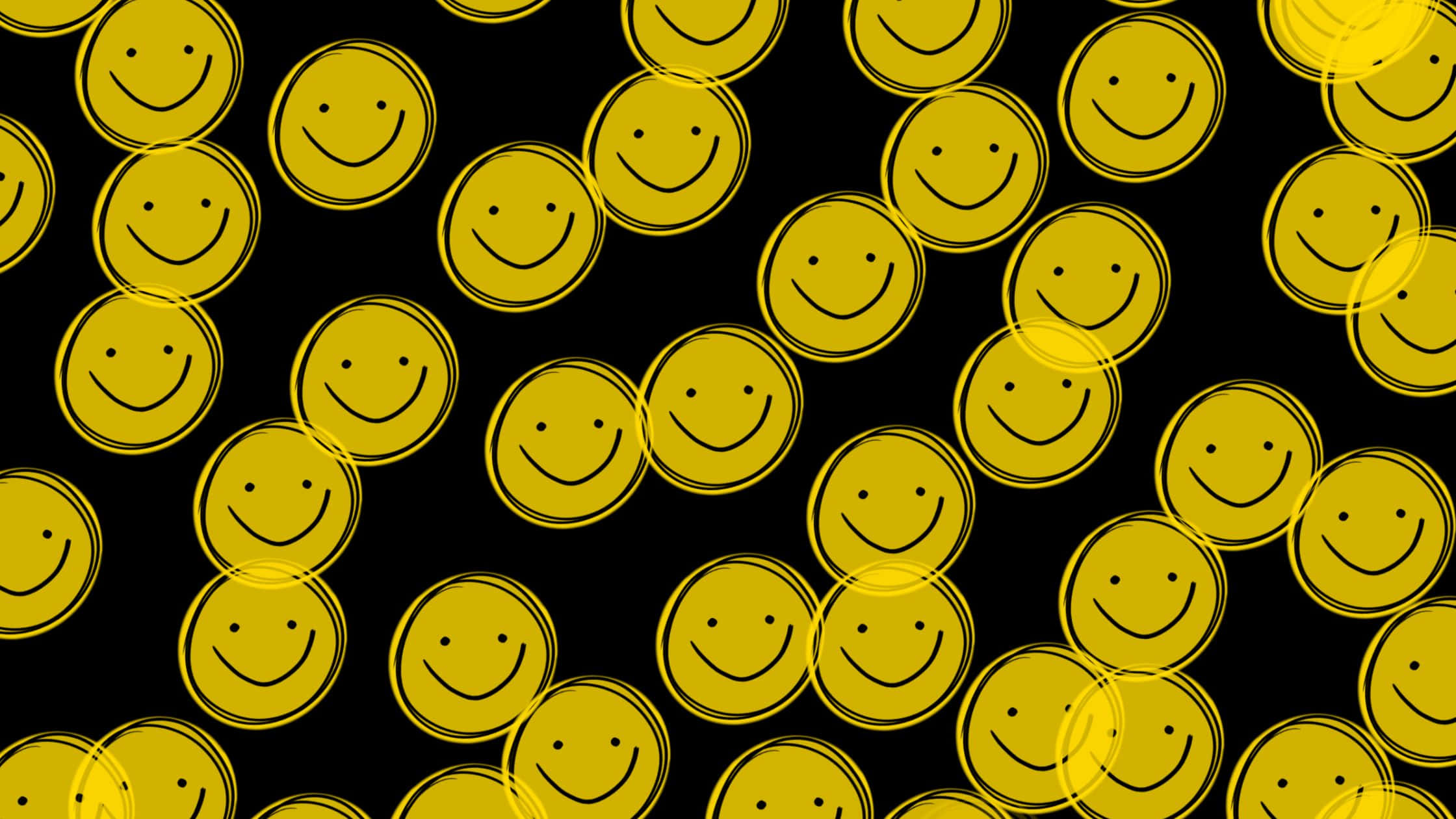 Smile 桌布 壁紙 — 在純黑色背景上重複出現帶有黑色輪廓的亮黃色笑臉圖案。