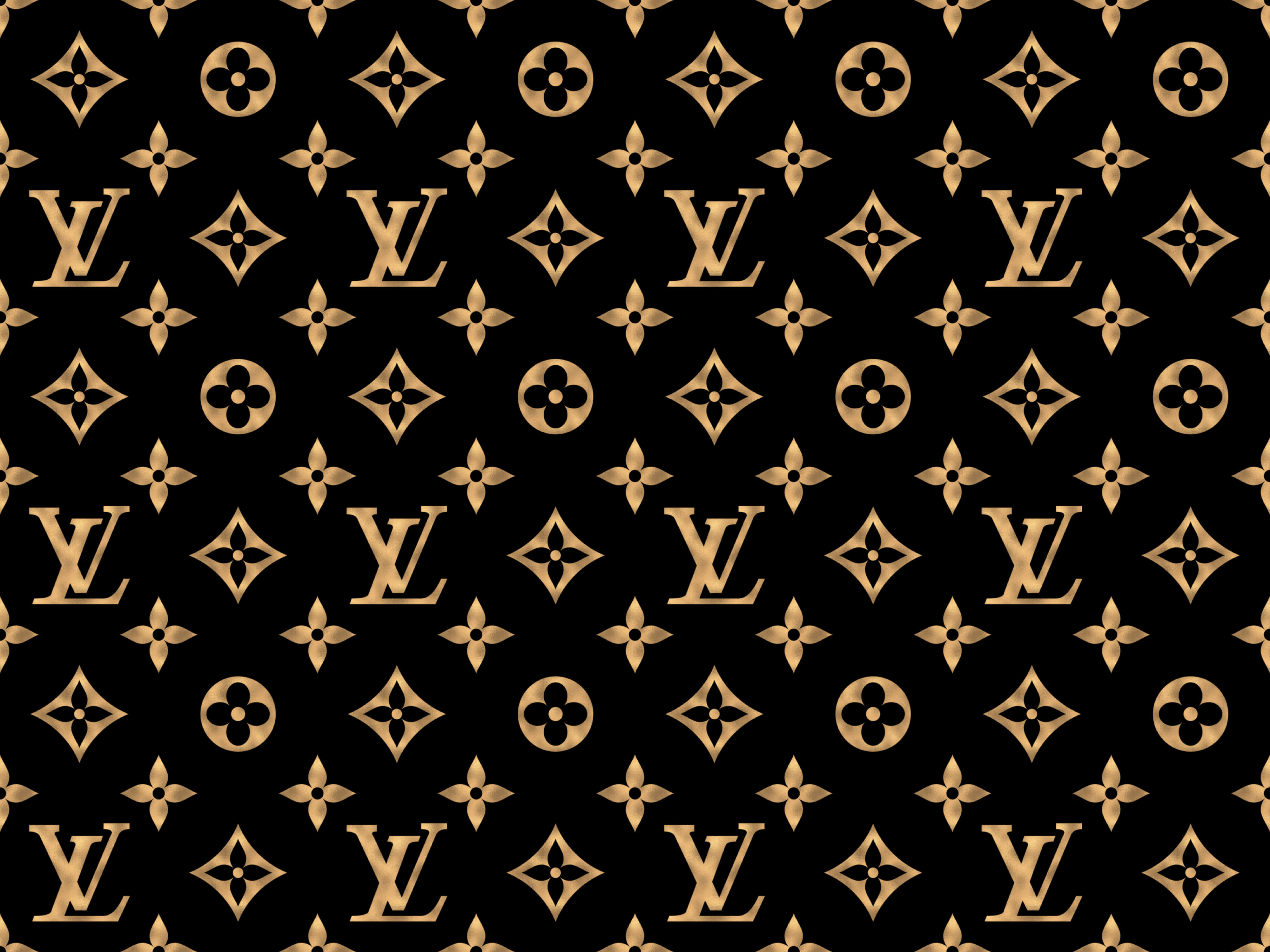 Louis Vuitton Pattern 桌布 壁紙 — 在純黑色背景上重複出現的金色 Louis Vuitton 字母組合標誌和花卉圖案。