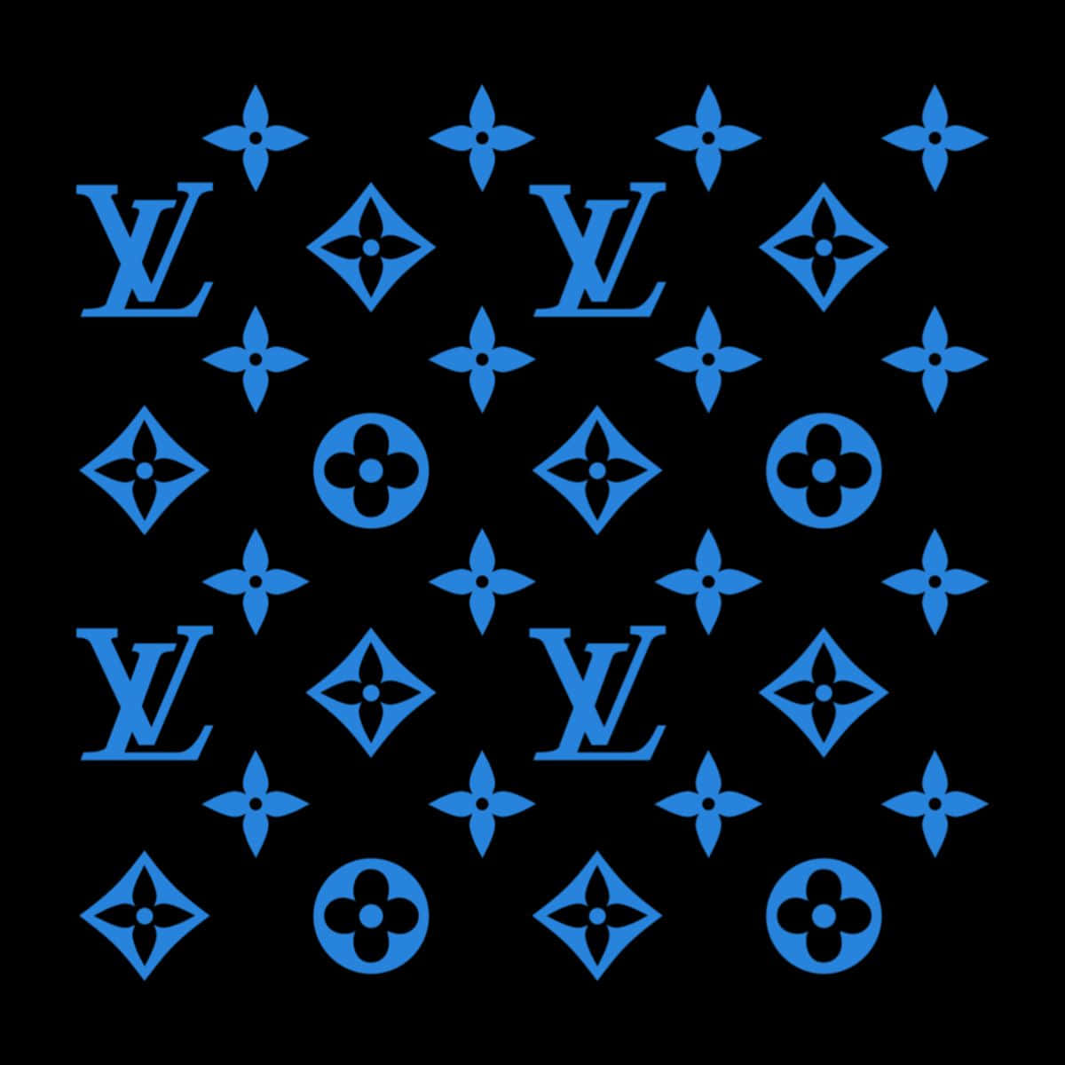 Louis Vuitton Logo 桌布 壁紙 — 在純黑色背景上重複的藍色 Louis Vuitton 字母圖案。