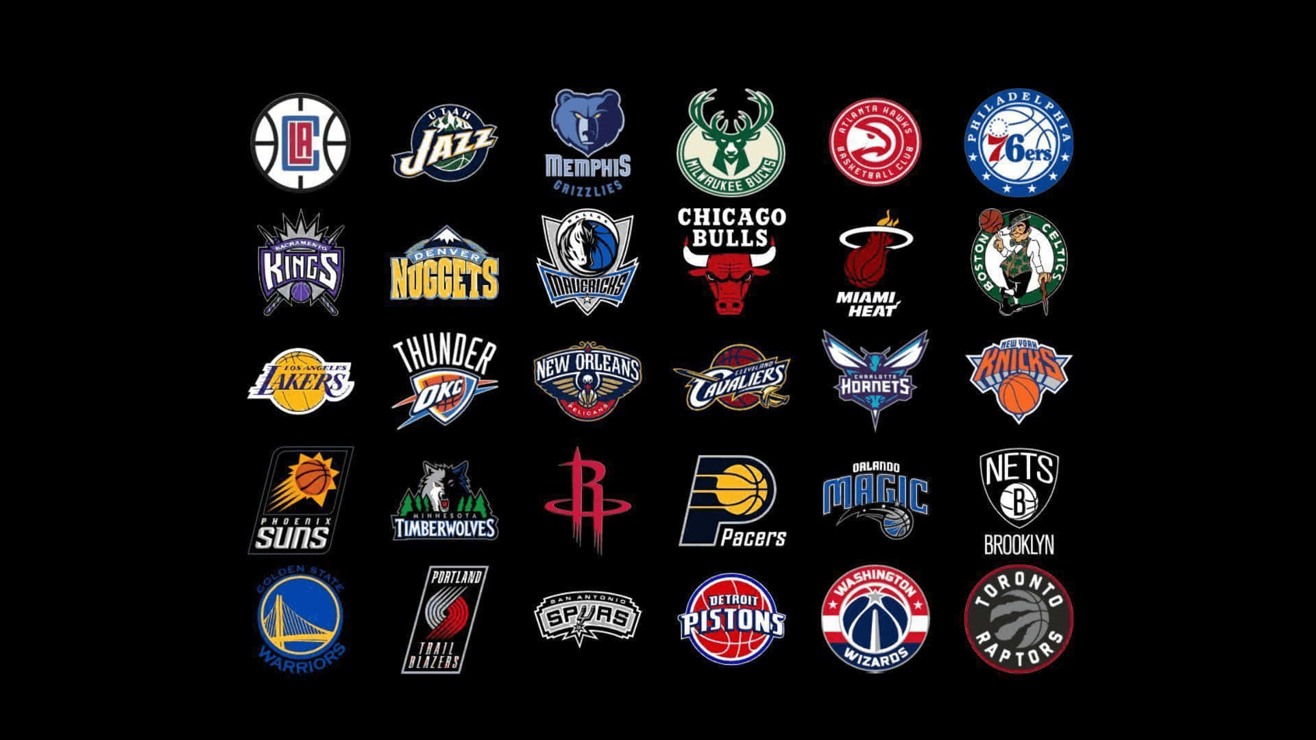 NBA Teams 桌布 壁紙 — 在純黑色背景上顯示的NBA球隊標誌網格，無其他元素。