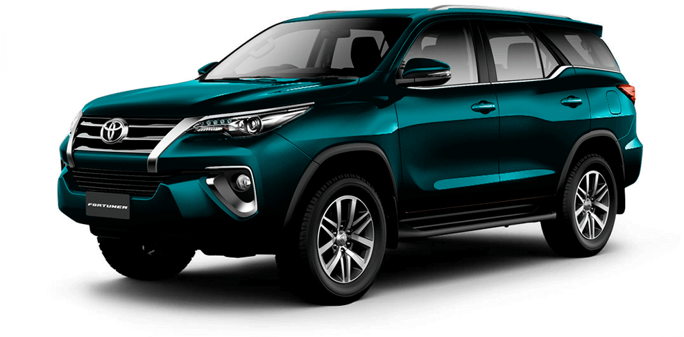 豐田 桌布 壁紙 — 在純黑色背景下，以工作室燈光展示的時尚青綠色 Toyota Fortuner SUV。