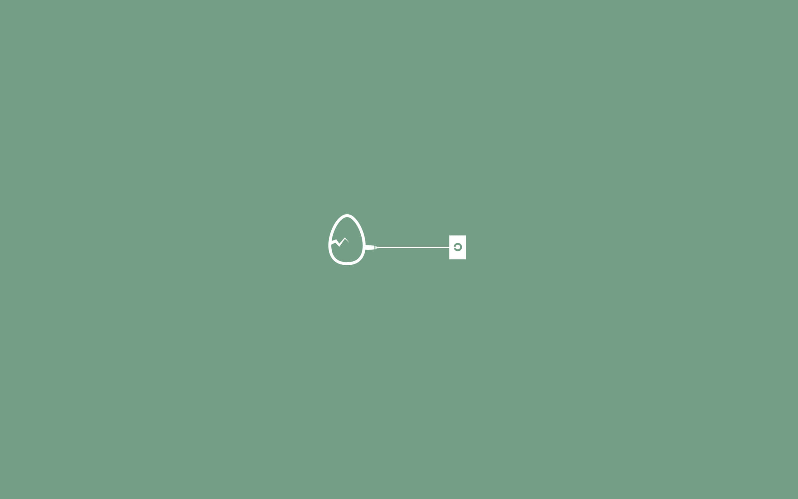 Green Minimalistic 桌布 壁紙 — 在純鼠尾草綠色背景上，一個以細線連接到正方形的雞蛋的極簡白色線條畫。