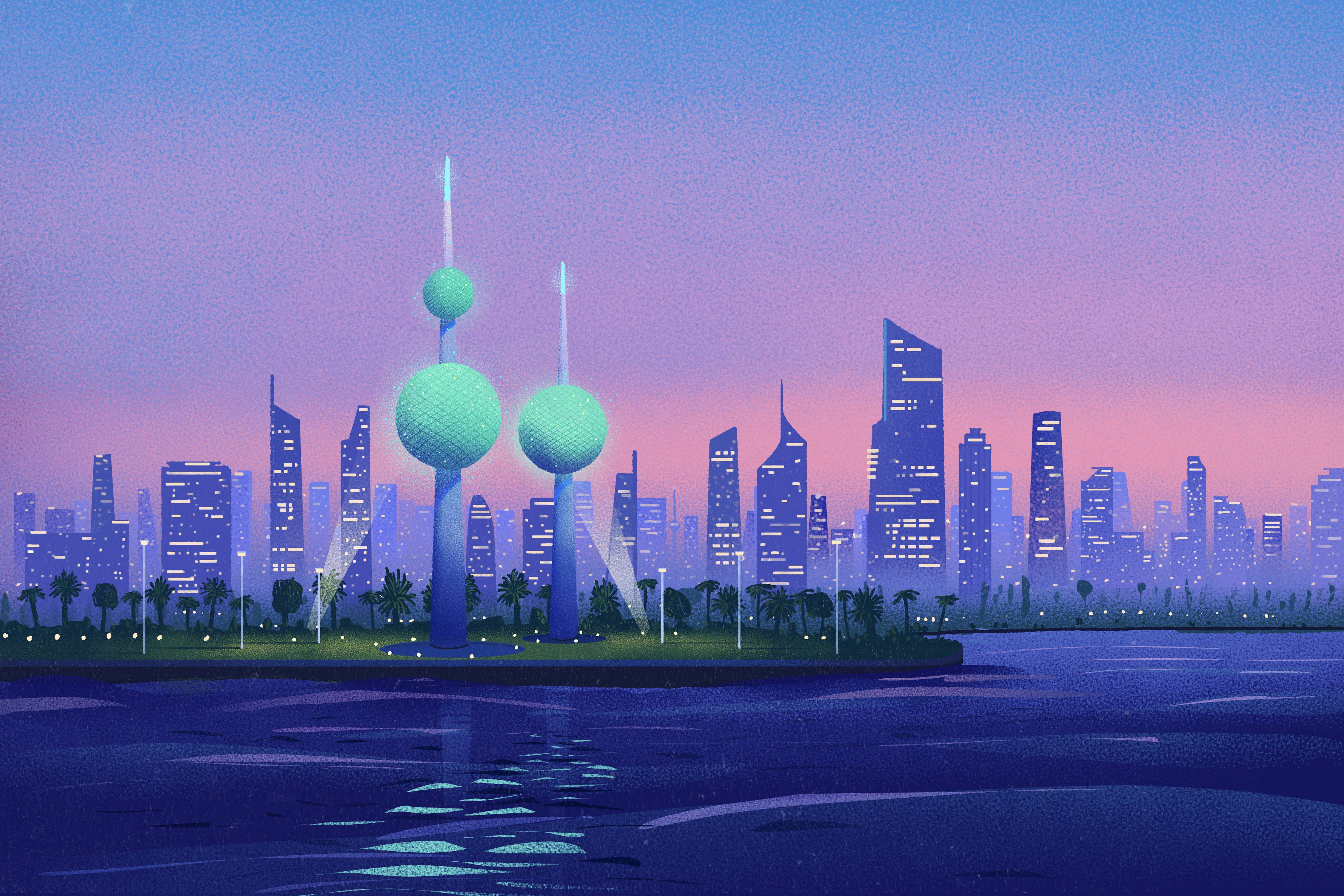 Kuwait 桌布 壁紙 — 在紫粉色的天空下，平靜的水面倒映著發光的塔樓和棕櫚樹，呈現出未來主義的城市天際線。