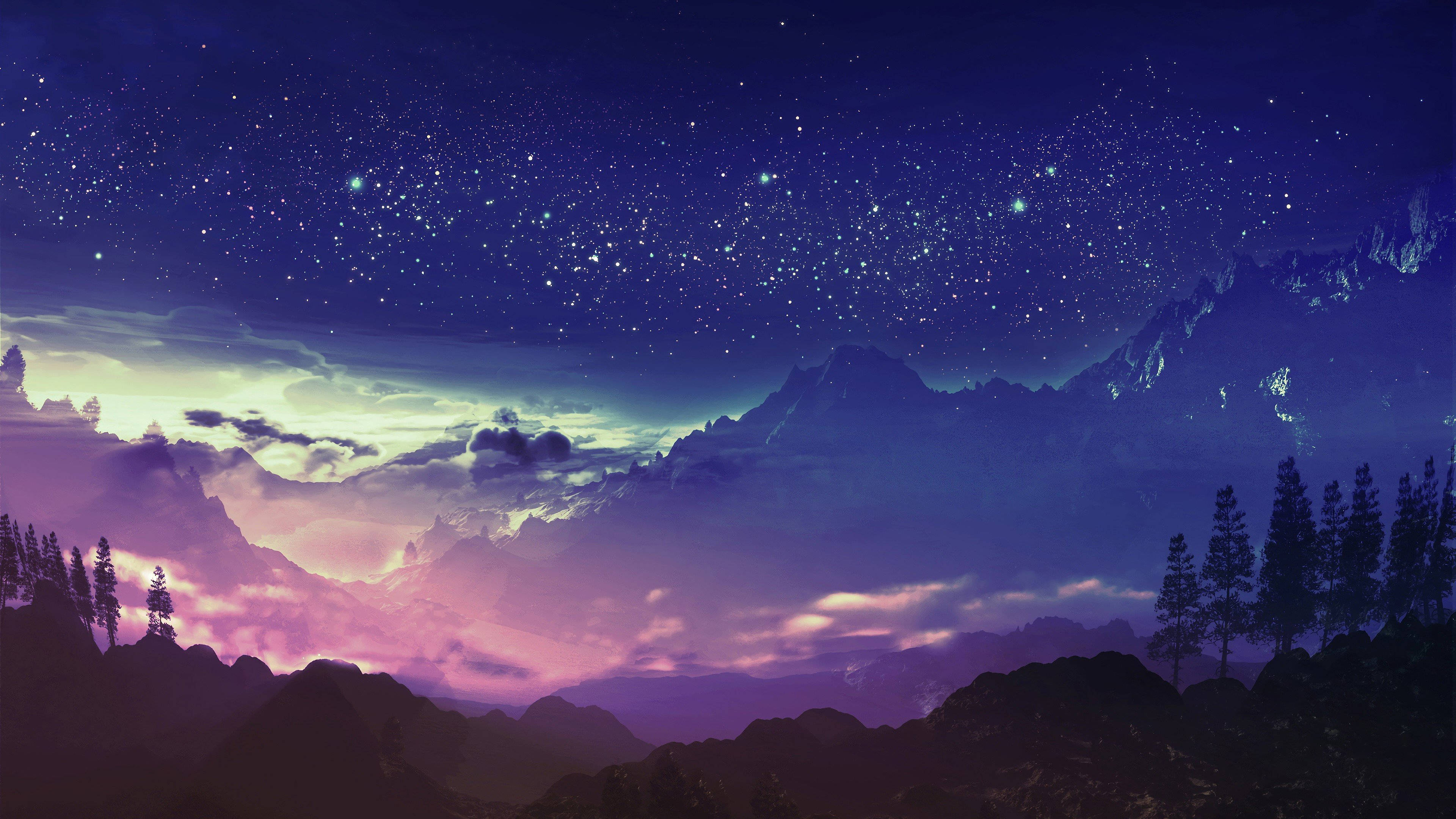 動畫 桌布 壁紙 — 在紫綠色調閃爍的星空暮色天空下，雄偉的山脈。