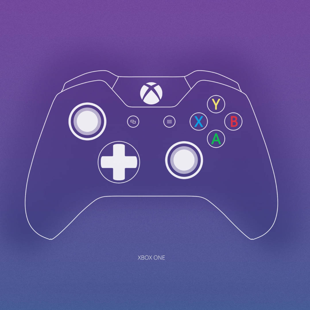 Xbox 桌布 壁紙 — 在紫色和藍色漸變背景上，Xbox One 控制器的簡約白色輪廓。