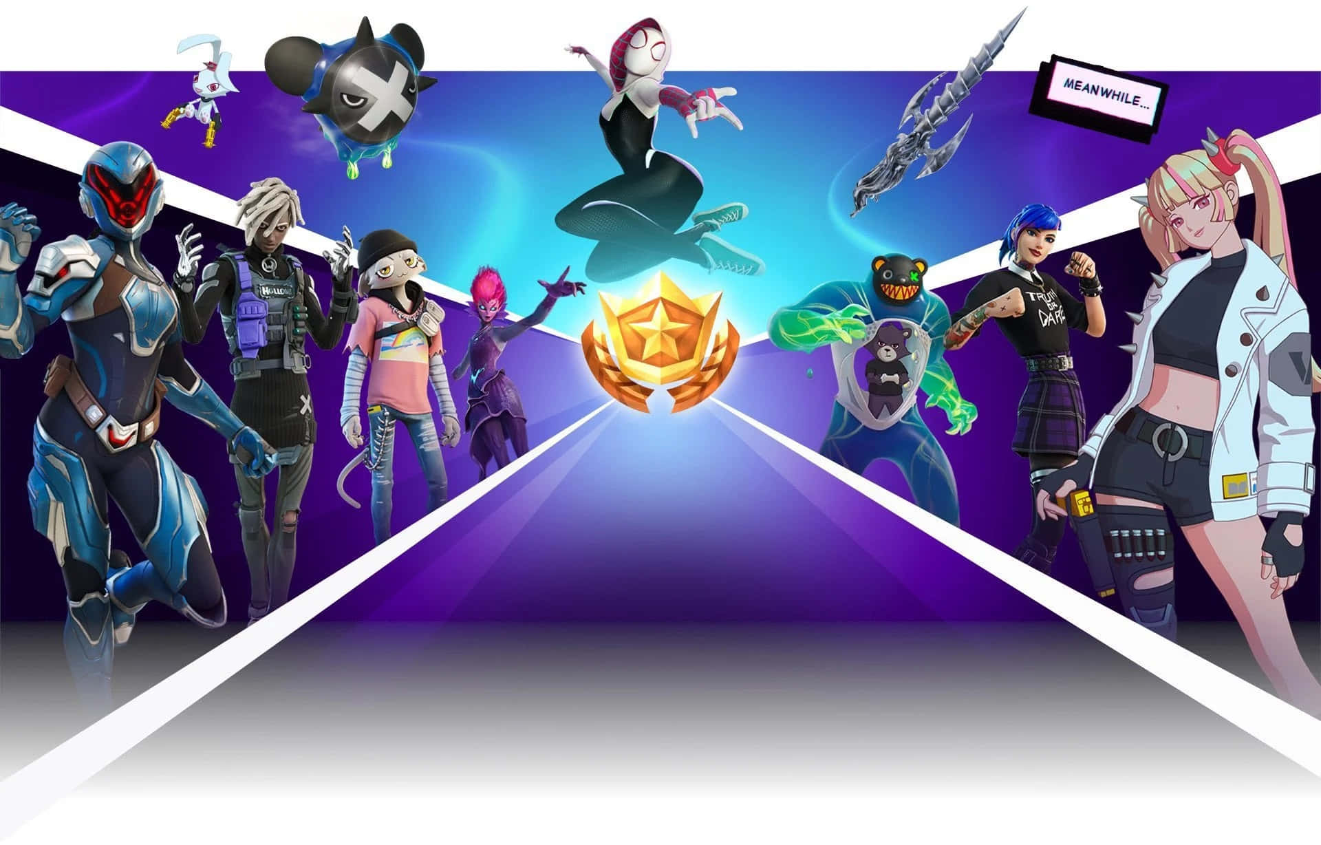 Fortnite Chapter 3 桌布 壁紙 — 在紫色和藍色漸變背景上，圍繞發光星星標誌的動態姿勢中的充滿活力的Fortnite角色。