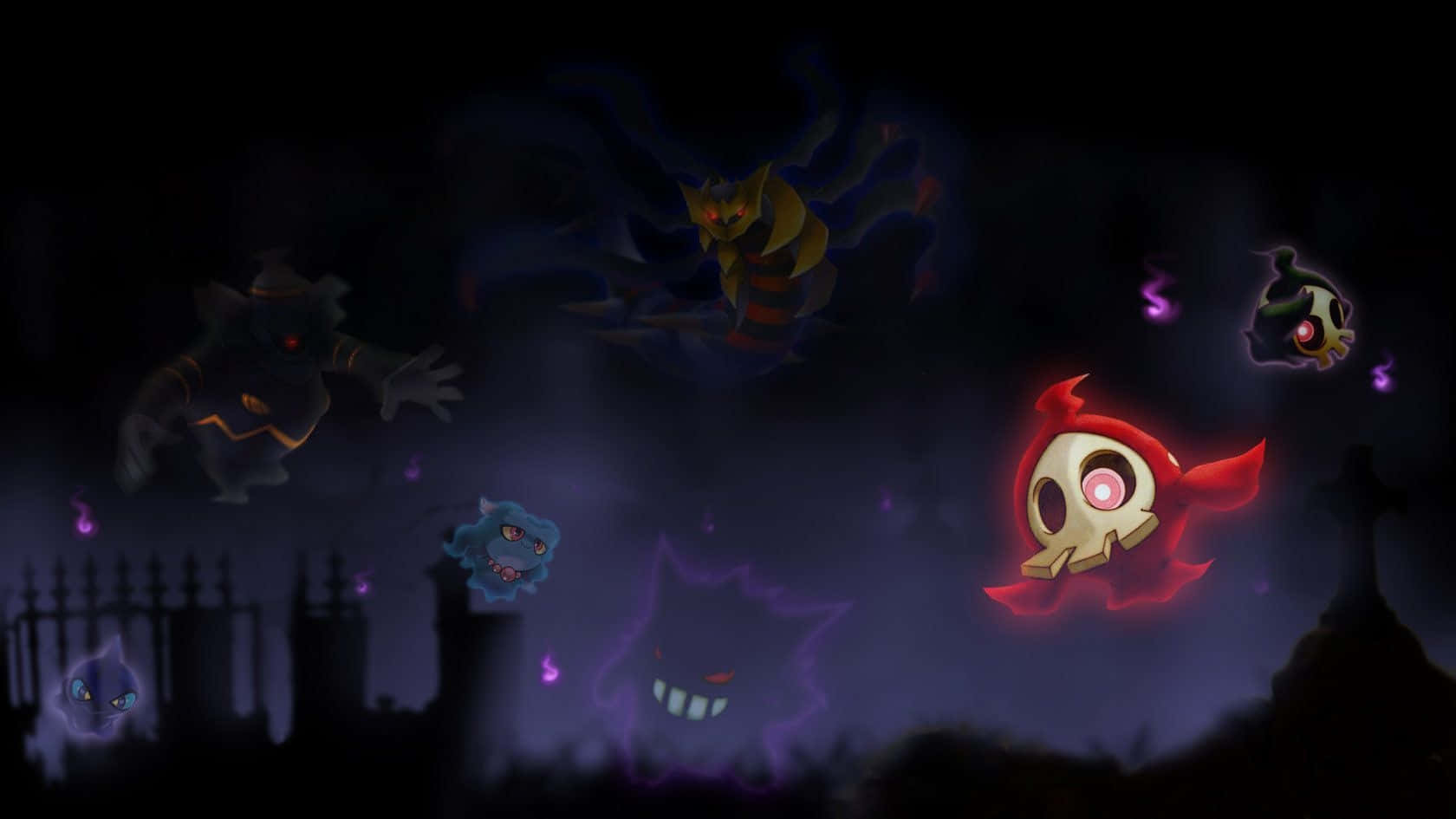 Ghost Pokemon 桌布 壁紙 — 在紫色夜空下，發光的鬼魂生物漂浮在黑暗的鬧鬼墓地中。
