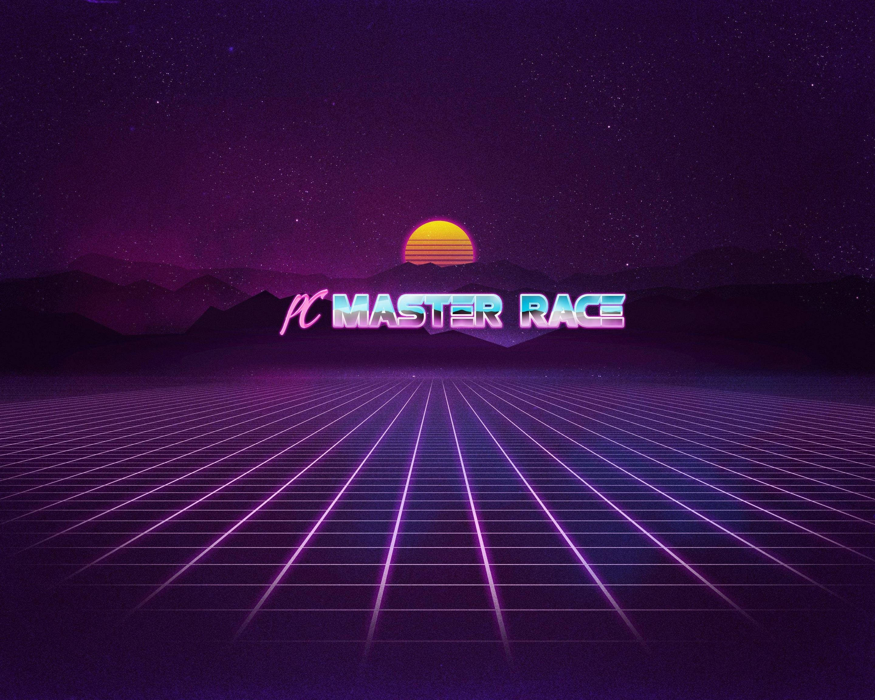 meme 桌布 壁紙 — 在紫色天空下，帶有發光日落和「PC MASTER RACE」霓虹文字的復古未來風格網格景觀。