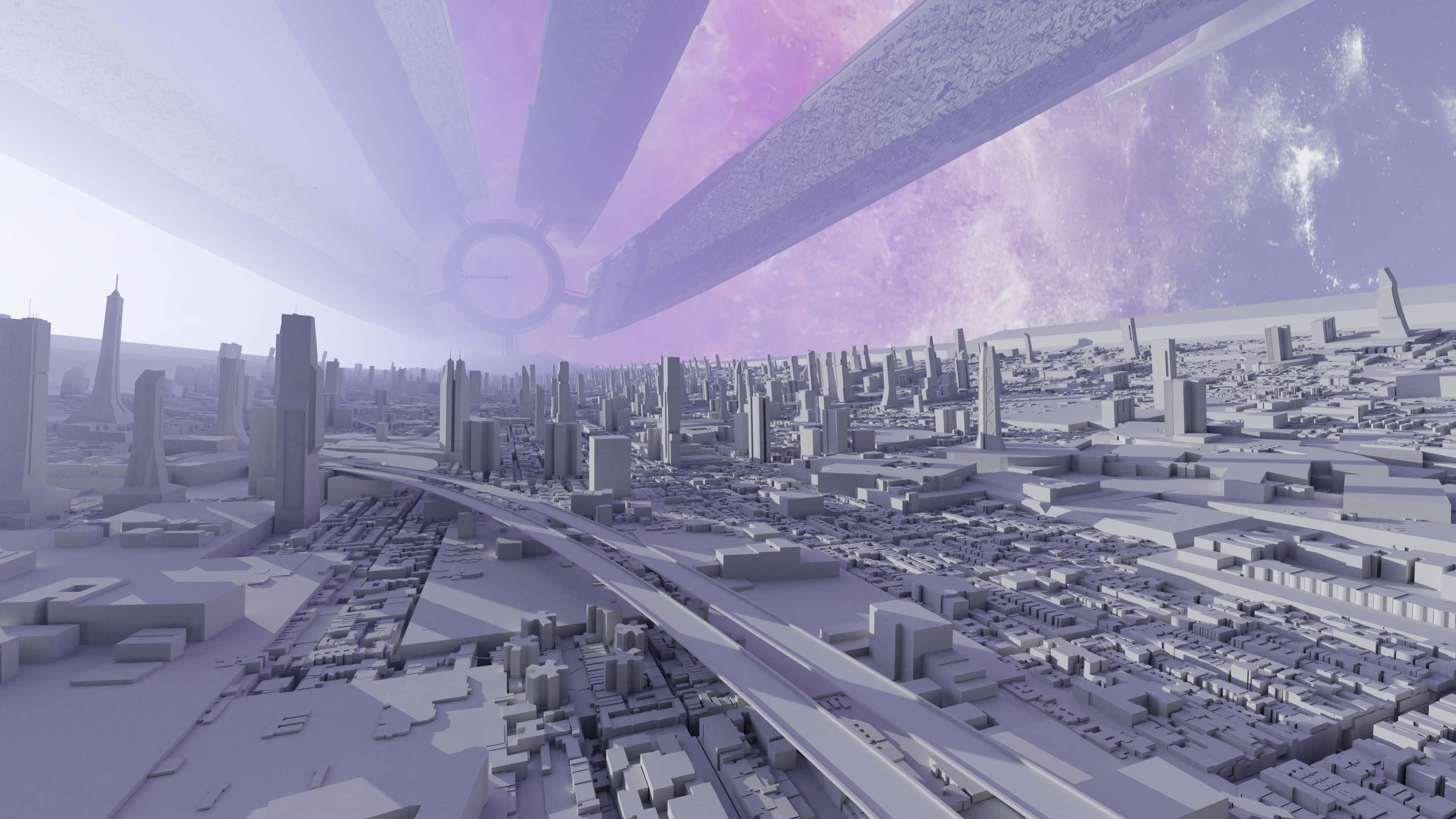 Mass Effect Citadel 桌布 壁紙 — 在紫色宇宙天空下，發光的天體結構懸掛頭頂的未來城市景觀。