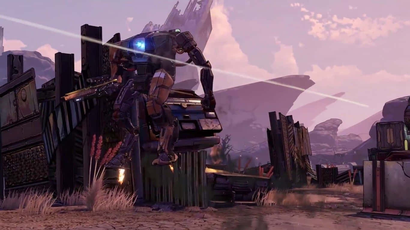 1366x768 Borderlands 3 桌布 壁紙 — 在紫色暮色天空下，一名未來風格的裝甲士兵從廢棄的前哨站發射發光的雷射步槍。