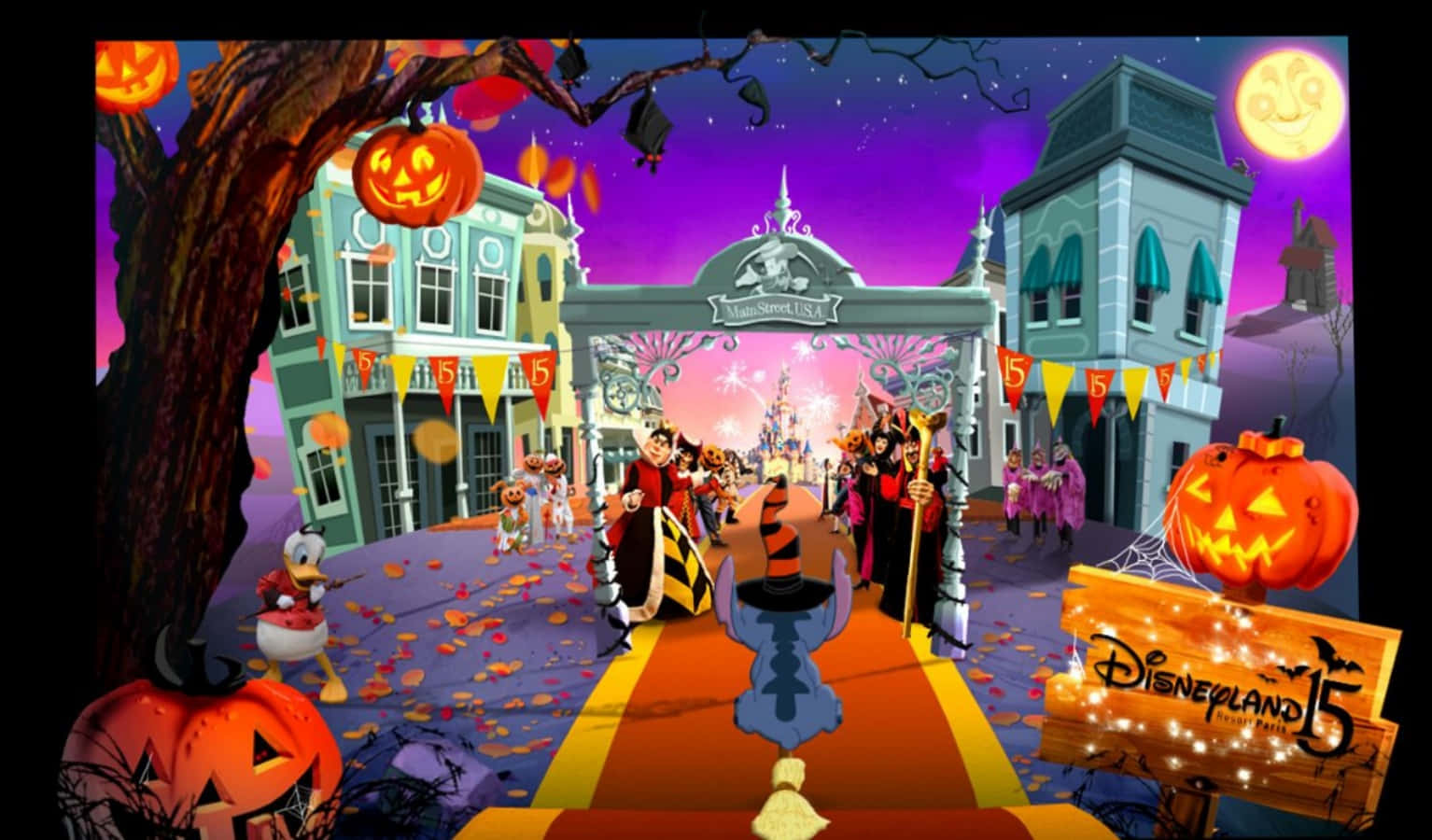 Stitch Halloween 桌布 壁紙 — 在紫色暮色天空下，充滿活力的萬聖節主題迪士尼樂園入口，有南瓜燈、蝙蝠和穿著服裝的角色。