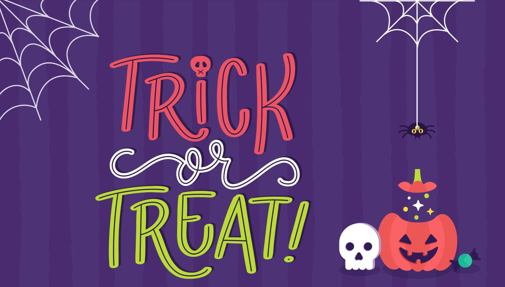 Trick Or Treat 桌布 壁紙 — 在紫色條紋背景上，帶有南瓜燈骷髏頭、蜘蛛網和蜘蛛的大膽色彩繽紛「Trick or Treat!」文字。