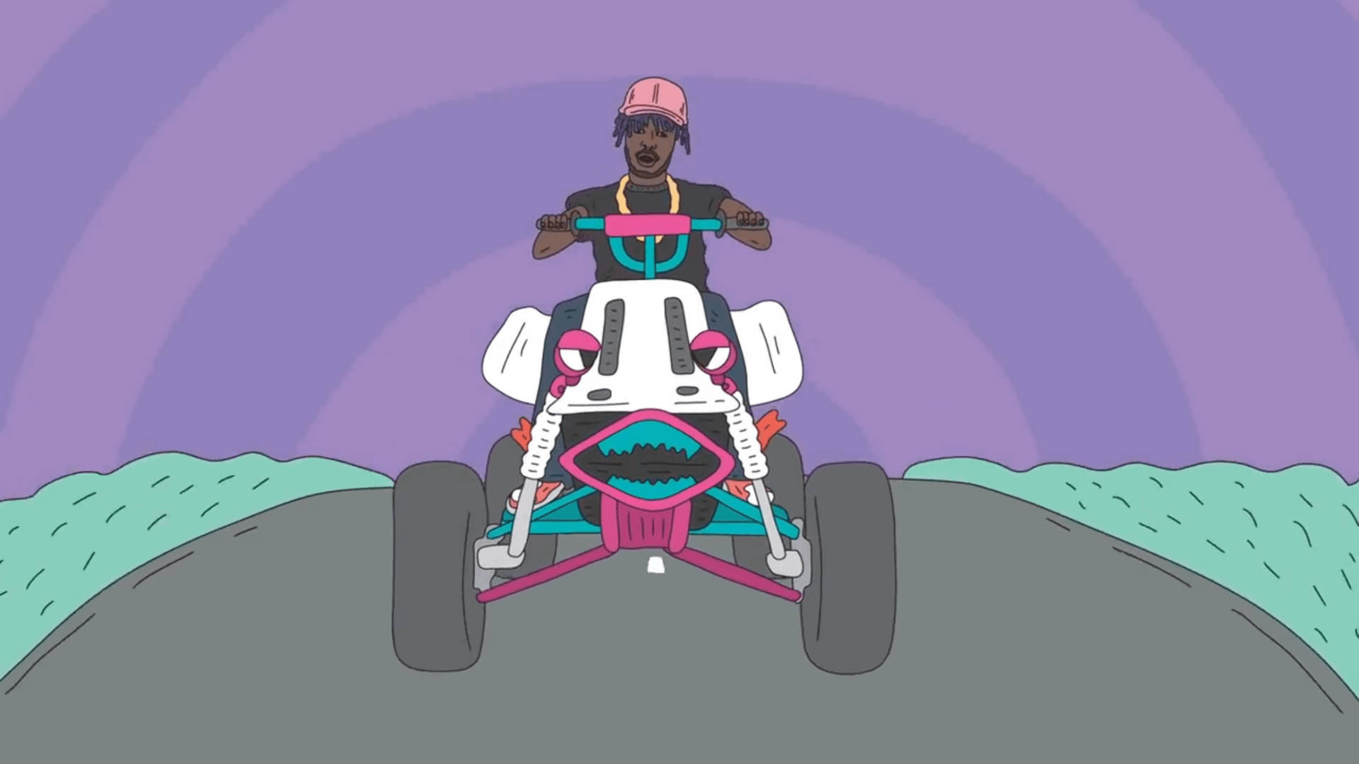 Lil Uzi Desktop 桌布 壁紙 — 在紫色漸層天空下，一個風格化的人物騎著粉紅色和藍綠色的ATV行駛在灰色道路上。