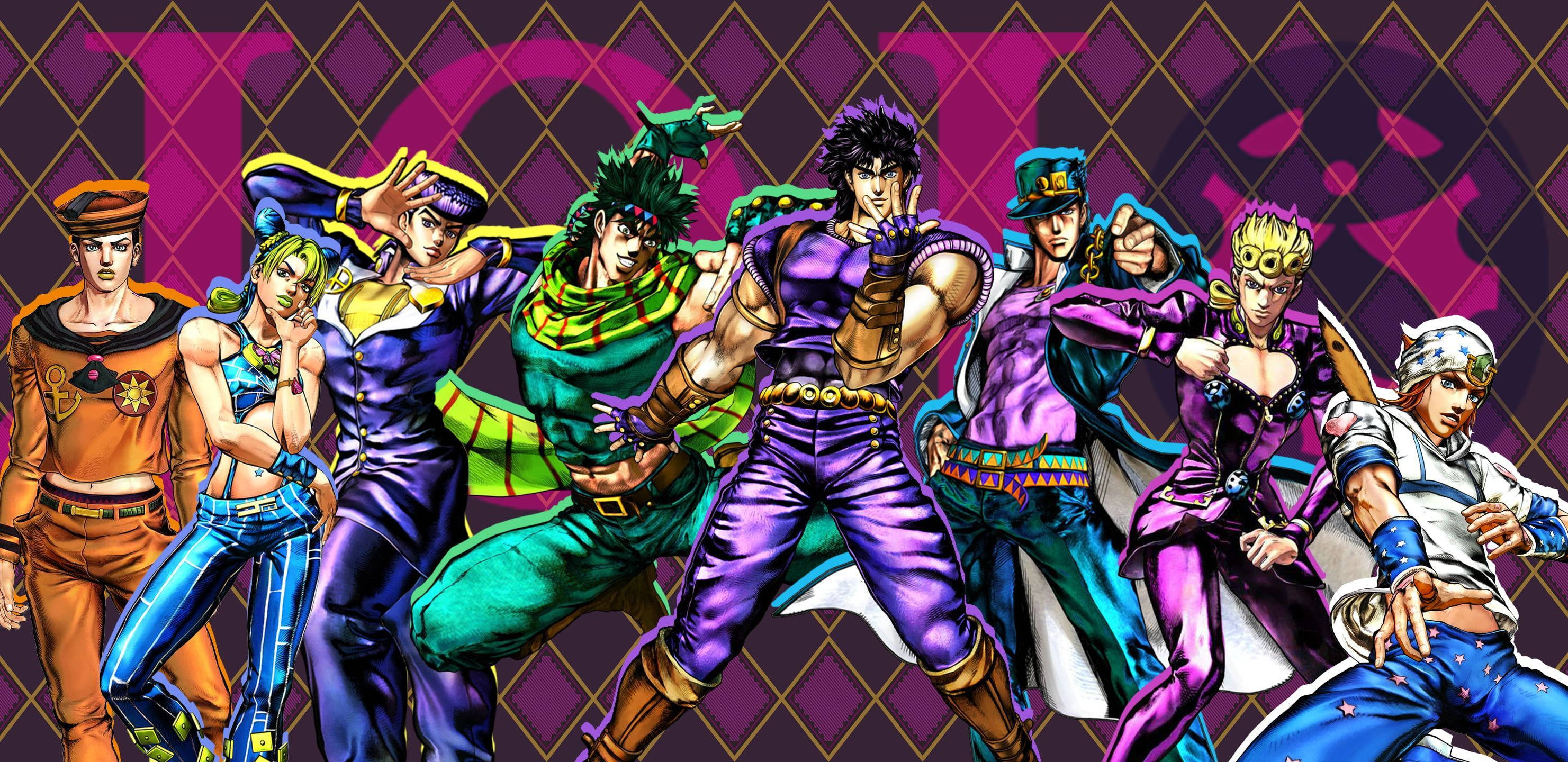jojo 4K 桌布 壁紙 — 在紫色菱形圖案背景上，充滿活力的動漫角色擺出動態姿勢。