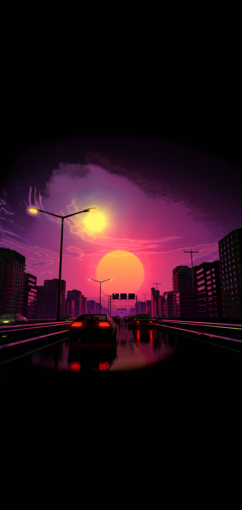 美學平板 桌布 壁紙 — 在紫色雲層下，夕陽西下，摩天大樓後方一輪巨大的橙色太陽，霓虹燈閃爍的城市高速公路，車流如織。