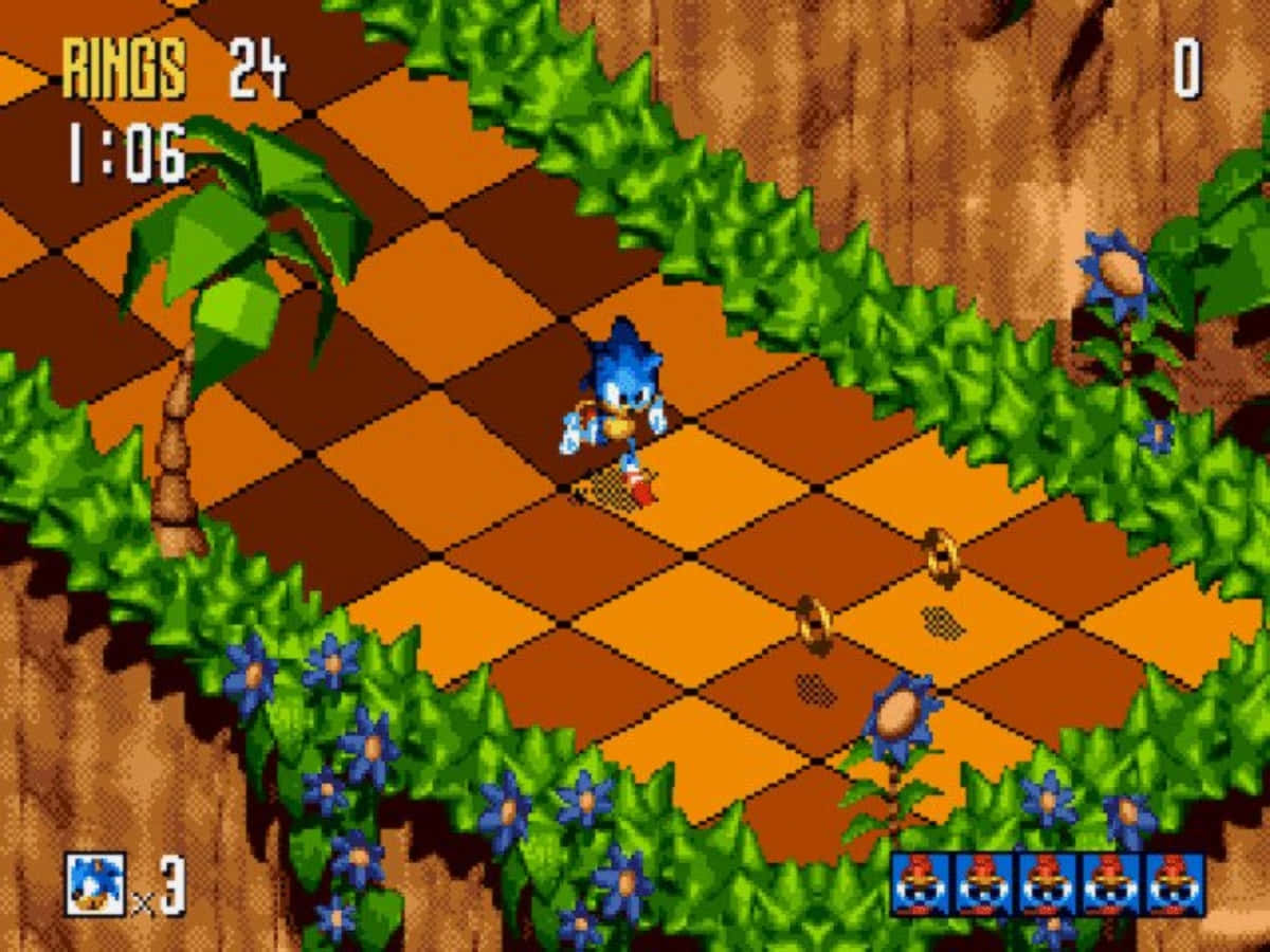 Sonic 3d Blast 桌布 壁紙 — 在經典的16位元電子遊戲場景中，刺蝟索尼克在由茂密綠色藤蔓和藍色花朵包圍的棋盤格路徑上奔跑。