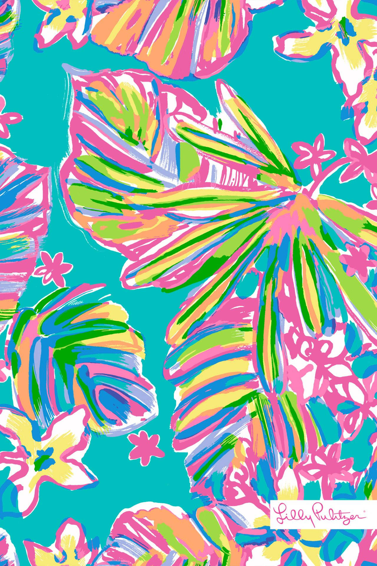 lilly 桌布 壁紙 — 在綠松石背景上以鮮豔的粉紅色、綠色和黃色大膽筆觸繪製的熱帶花卉和樹葉。