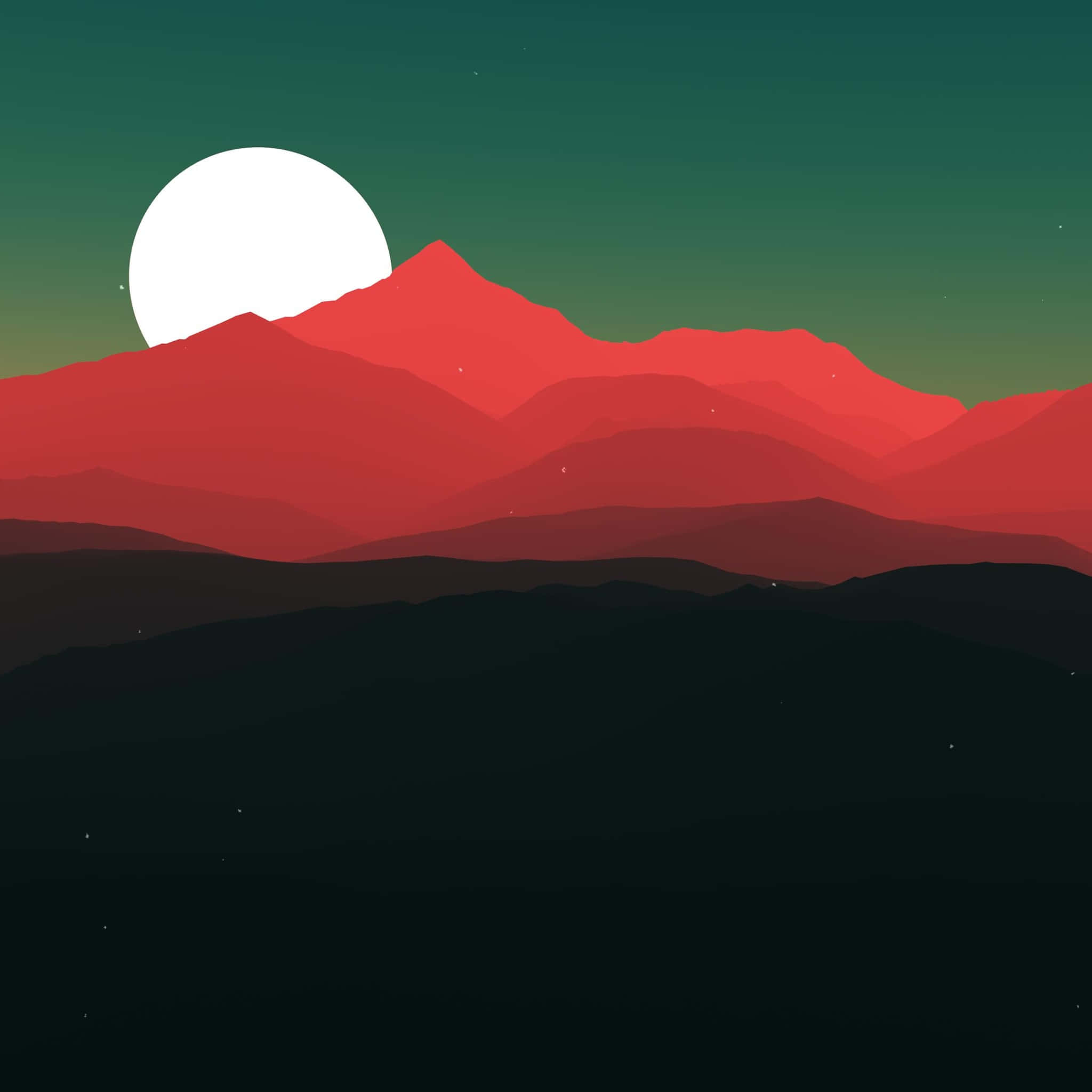 Minimalist Colorful 桌布 壁紙 — 在綠色漸層天空下，一座風格化的山脈沐浴在紅色色調中，上方有一輪巨大的白色月亮。