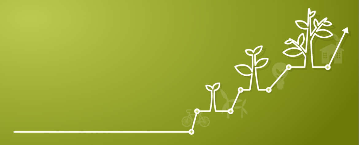 Green Finance 桌布 壁紙 — 在綠色漸層背景上的極簡白色線圖，顯示植物沿著上升趨勢逐步生長，並帶有腳踏車、房屋和葉子的圖標。