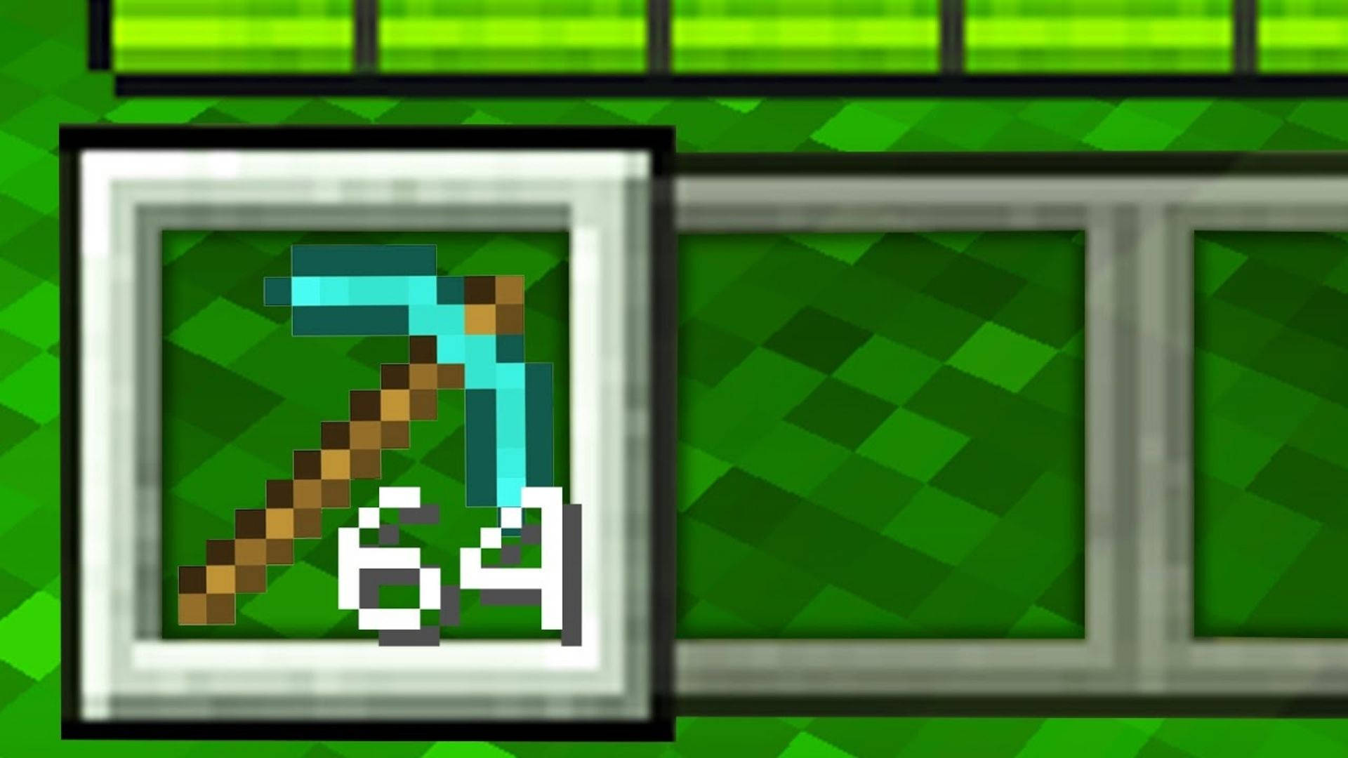 我的世界 鑽石 桌布 壁紙 — 在綠色紋理背景的Minecraft物品欄中顯示的像素化鑽石鎬，耐久度64。