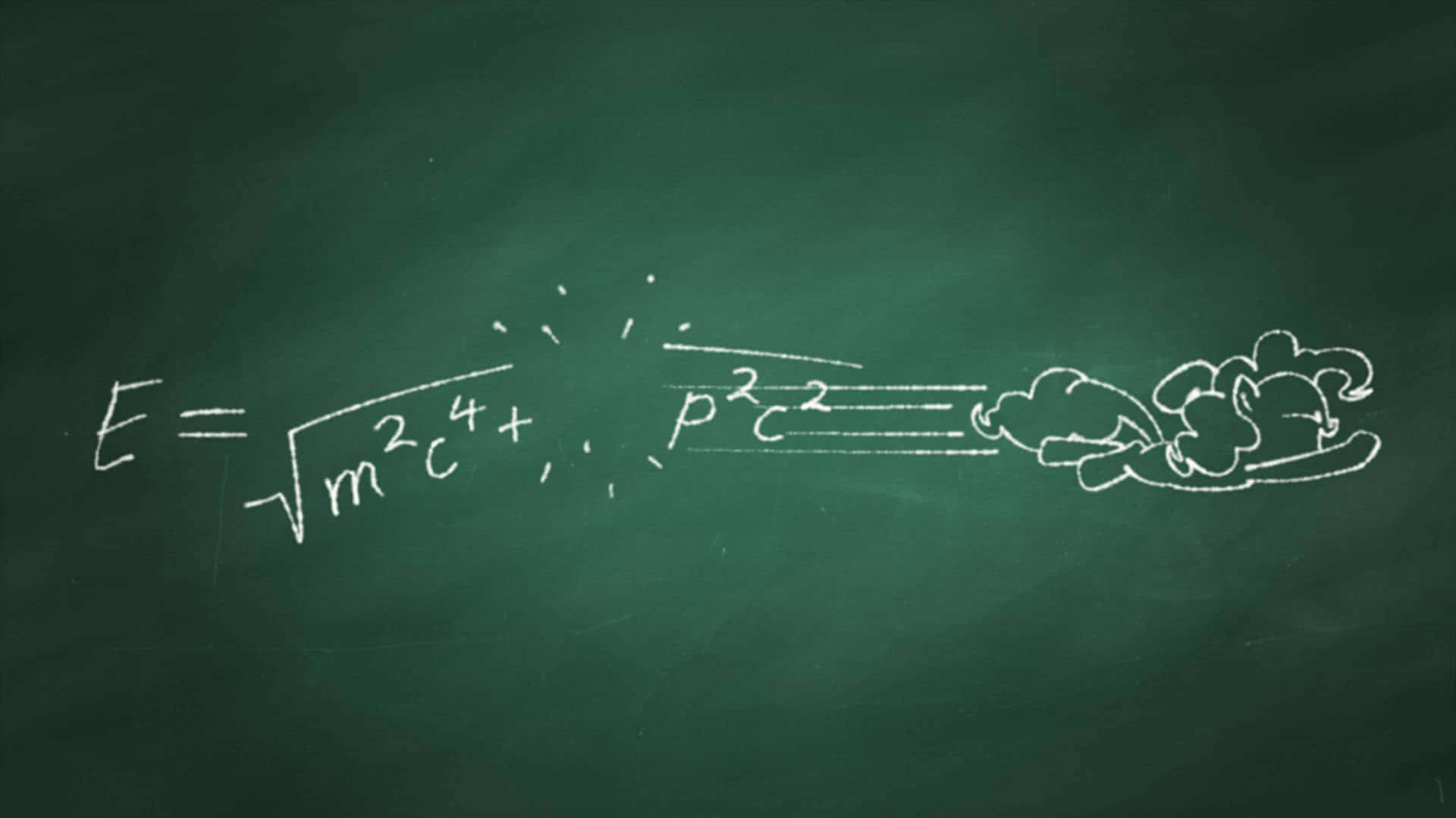 Green Chalkboard 桌布 壁紙 — 在綠色黑板上用粉筆繪製的物理方程式 E = √(m²c⁴ + p²c²)，末端有一個卡通雲。