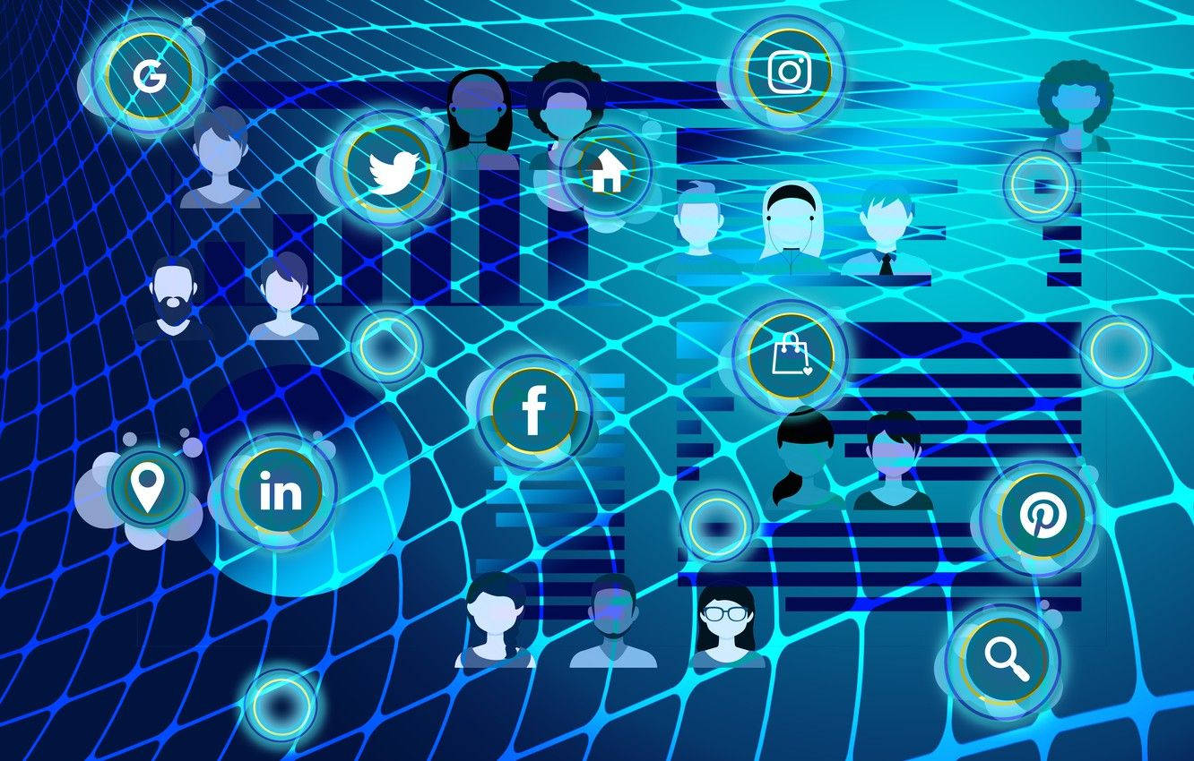 Digital 桌布 壁紙 — 在網格背景上，由藍色光跡連接的發光社交媒體圖標和用戶頭像的數字網絡。